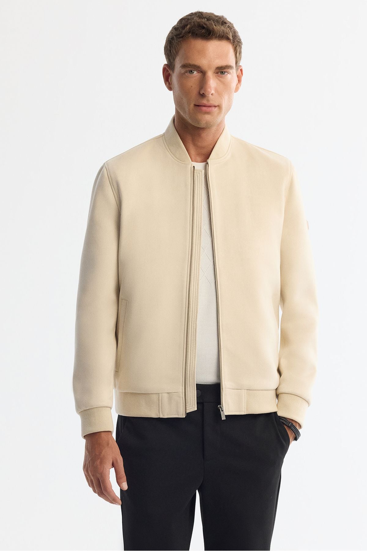 Men's beige zipper suede -looking Bomber Ince Mont B006045