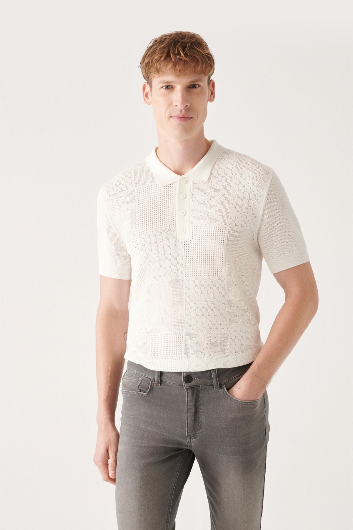 Men's White Cotton Output Polo Yaka Triko T-Shirt A31Y5031
