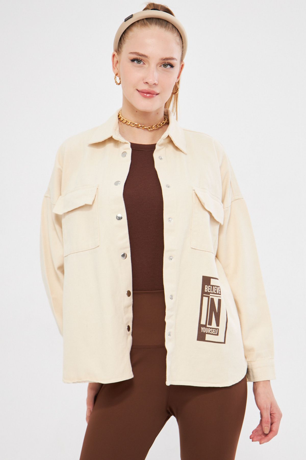 Female Stone Back Stone Printed Pocket Shirt Jacket ARM-25K025006
