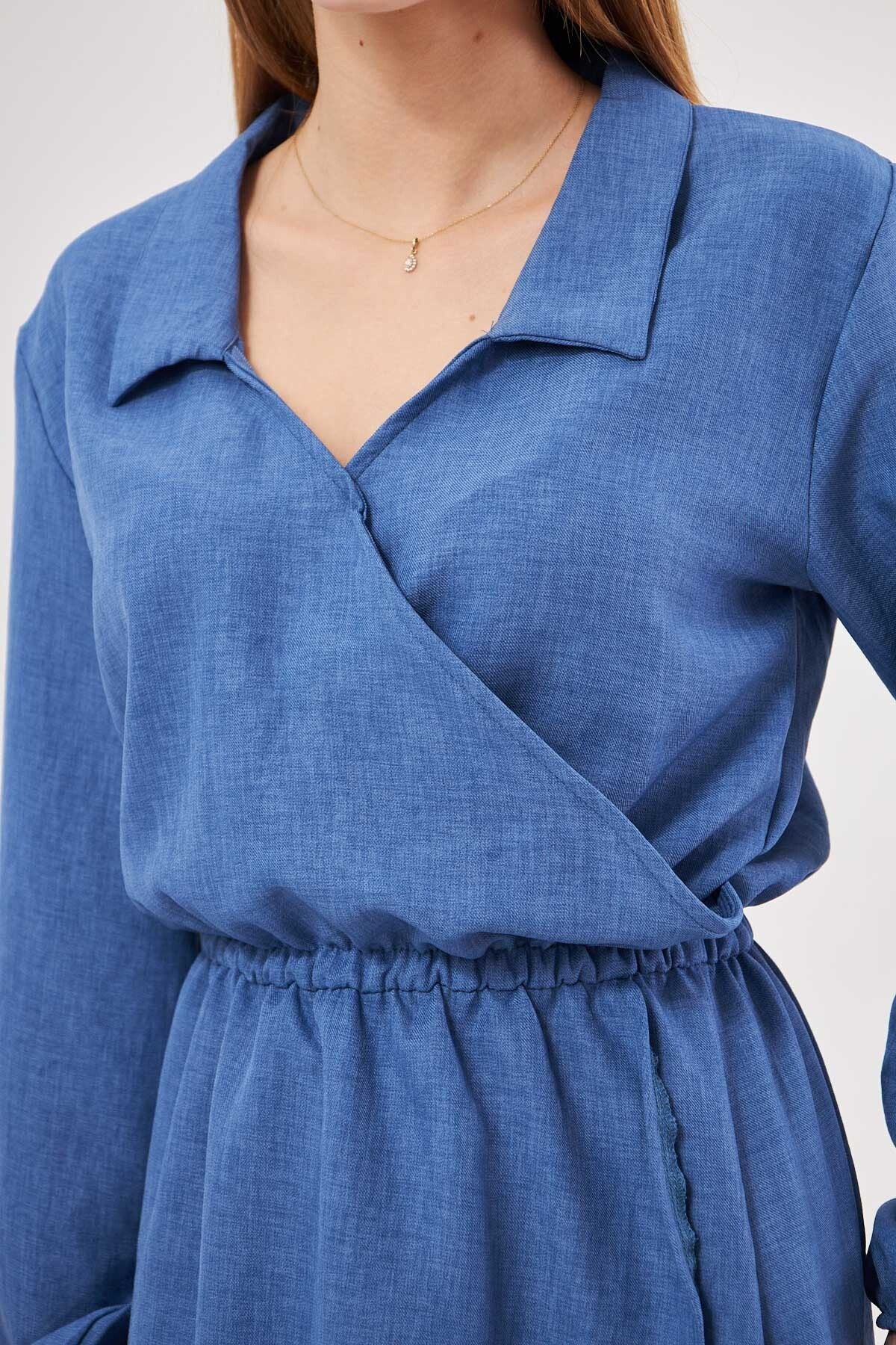 Woman Dark Blue Shirt collar Cruve waist and handle rubber dress with rubber dress ARM-25K001047