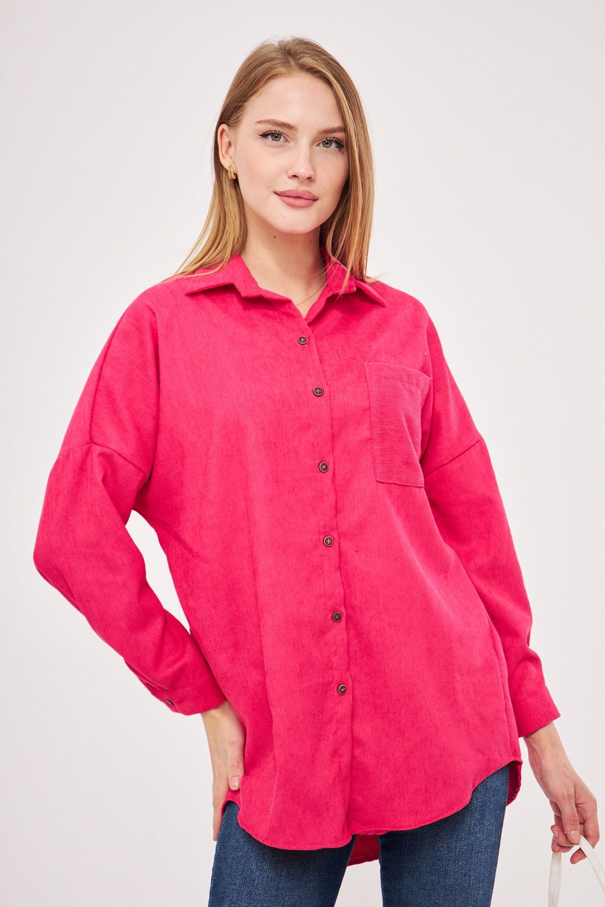 Women's Fuchsia Pocket Oversize Fine Wick Velvet Shirt ARM-24K001076