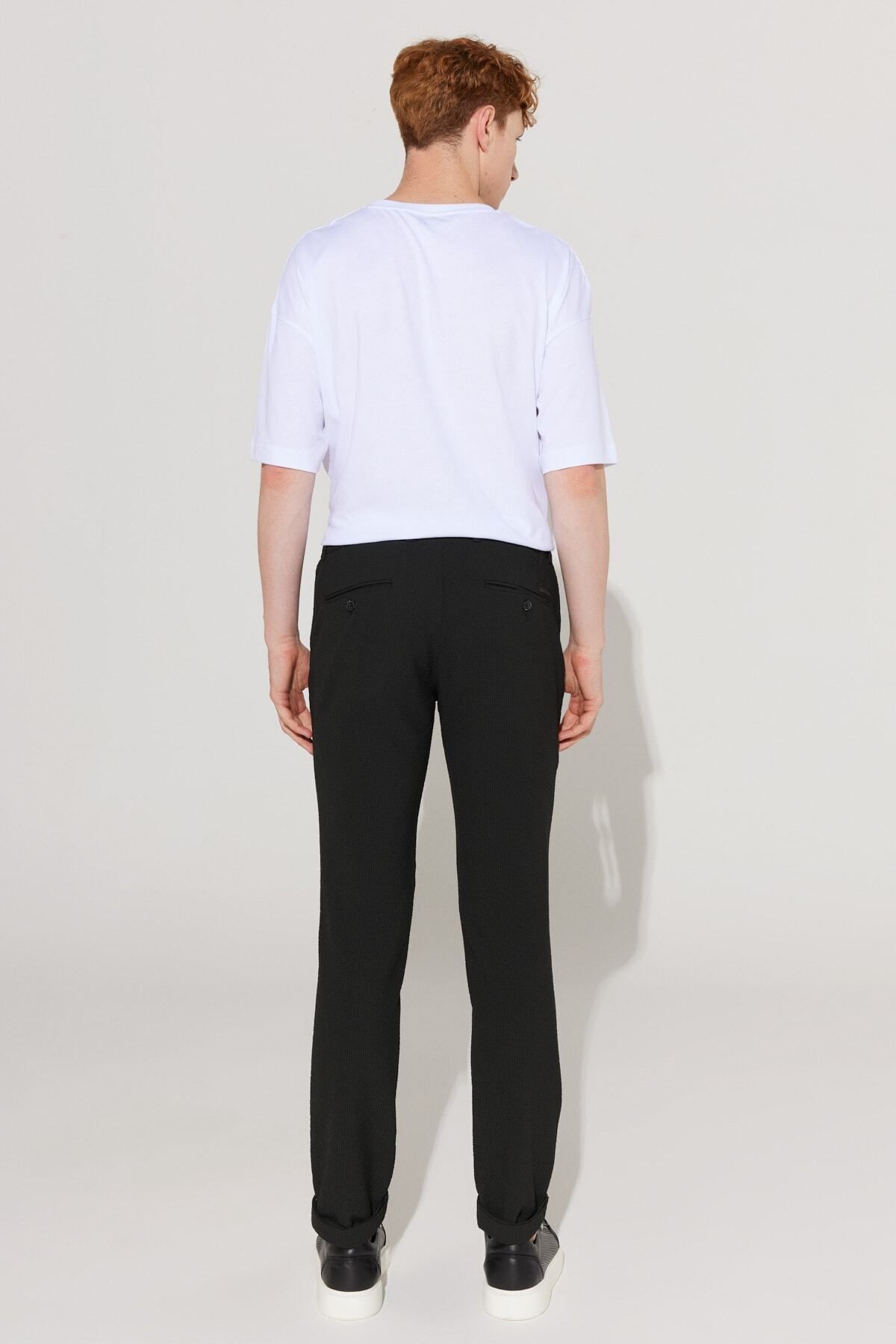 Men's black slim fit narrow -cut waffle patterned flexible waist tied trousers