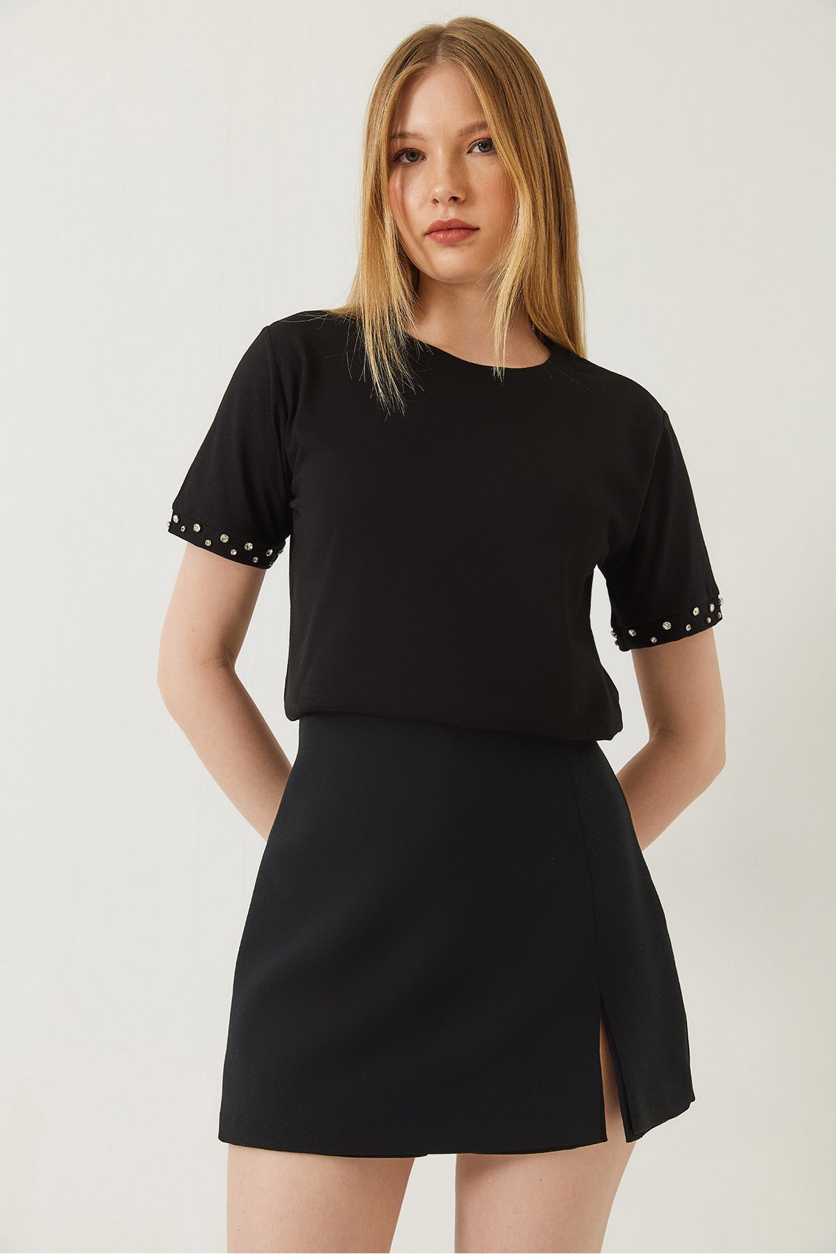 Women's T-shirt with Stone Embroidered Sleeves 60602002