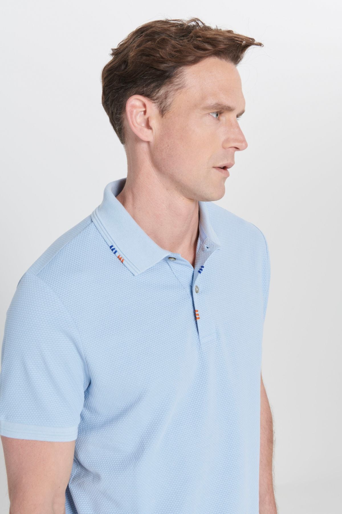 Men's light blue slim fit narrow cut polo collar printed cotton T -shirt