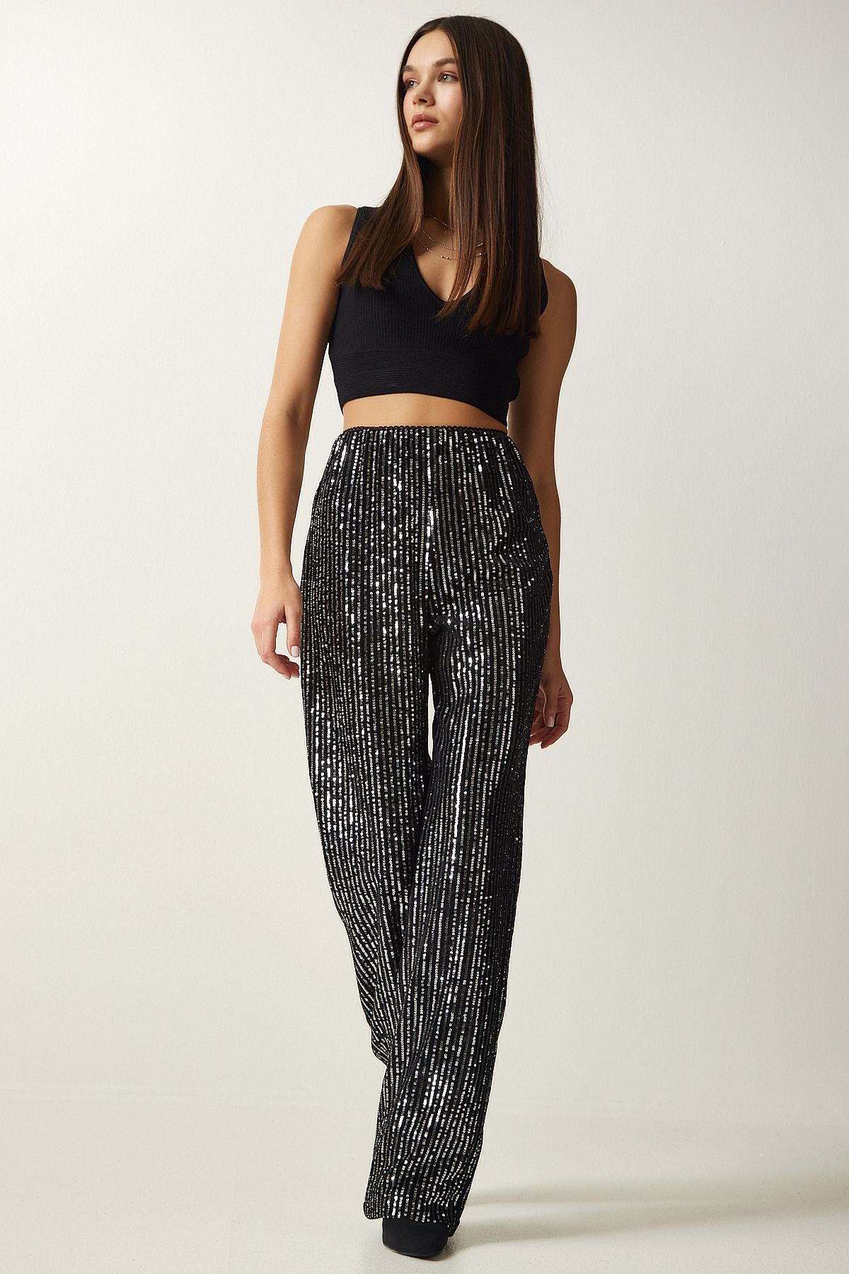 Women's gray stamp sequin palazzo pants MC00250