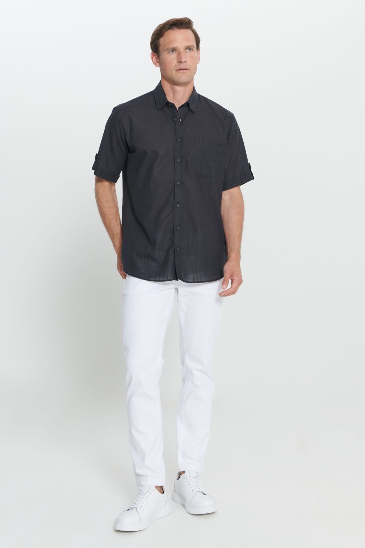 Men's Black Comfort Fit Casual Cutting Buttoned Neck Linen Look 100 %Cotton Short Sleeve Shirt