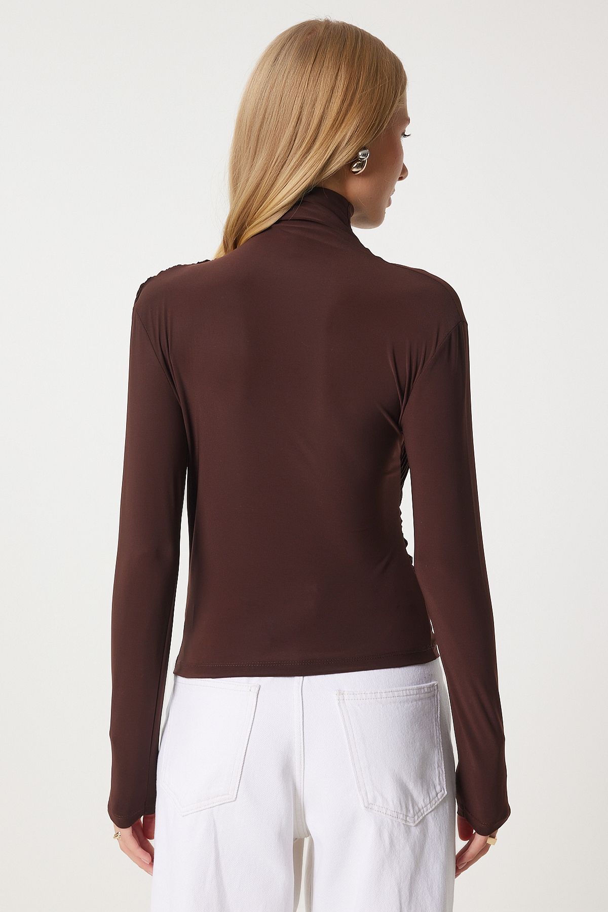 Female brown shirring detailed upright collar sandy blouse FF00135