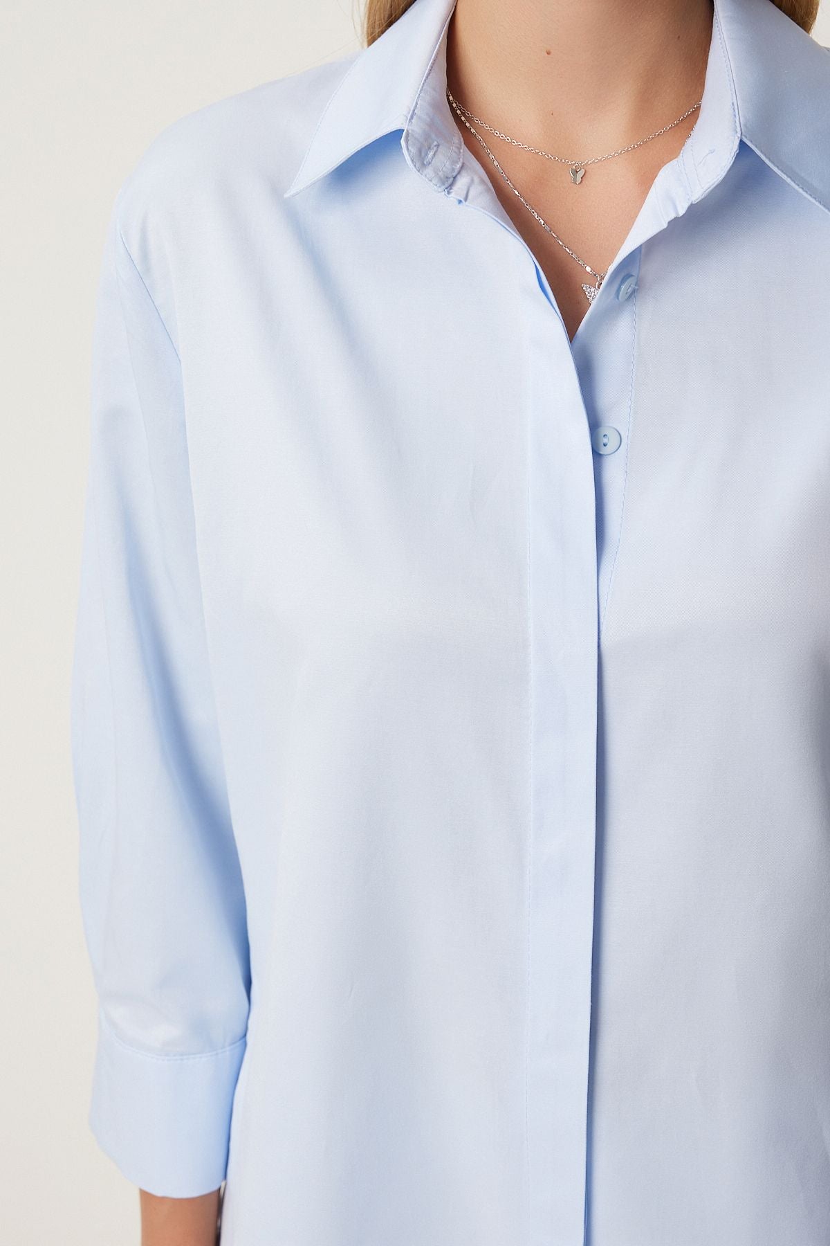 Kadın Gök Mavi Oversize Basic Gömlek  FN03260