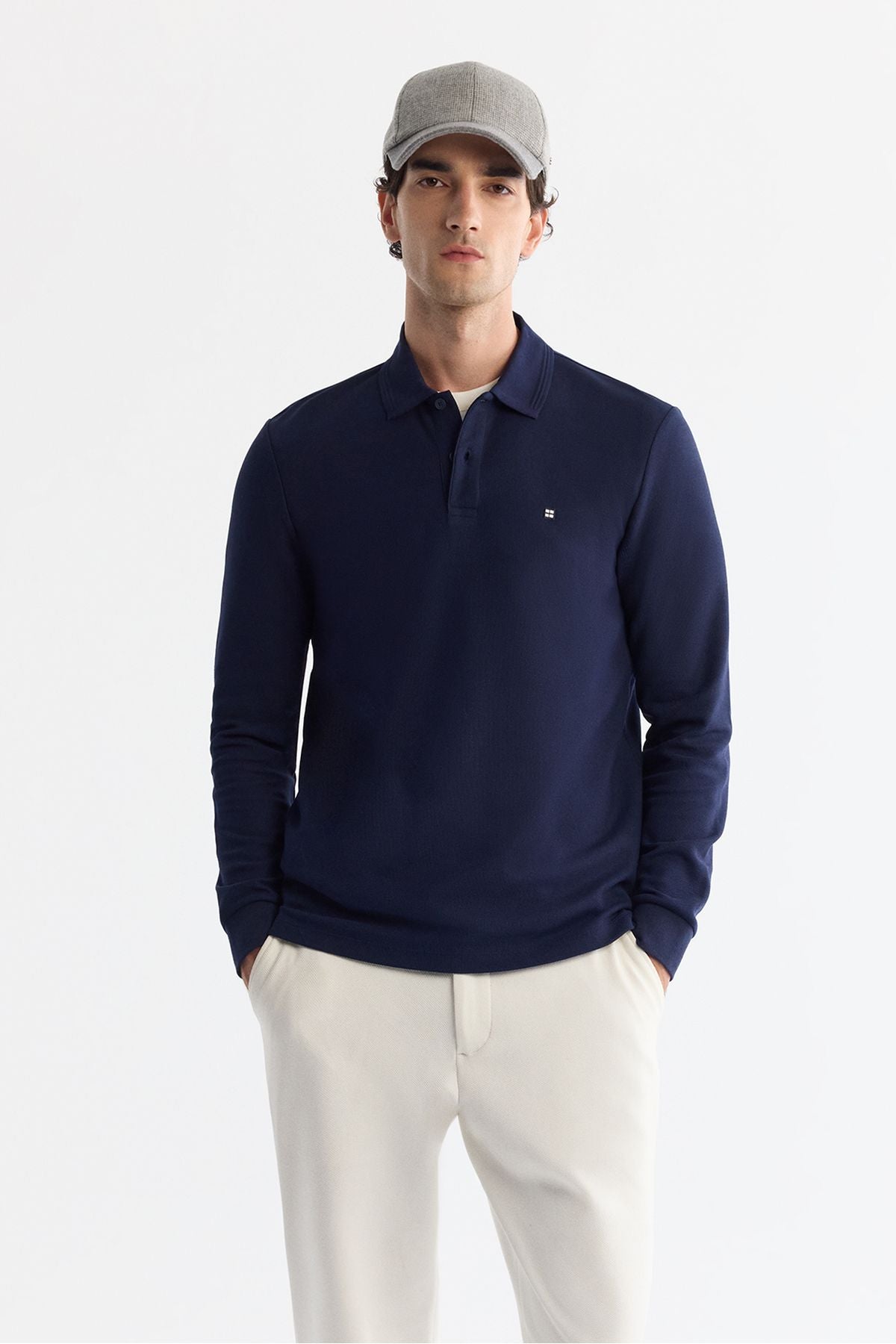 Men's navy blue 2 button cotton Polo Yaka Sweatshirt B001080