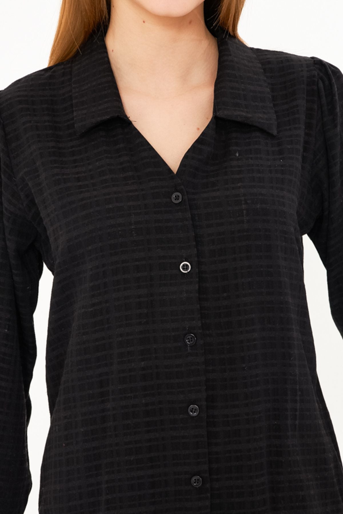 Female Black V-Neck Balloon Arm Burumcük Shirt ARM-25K001088