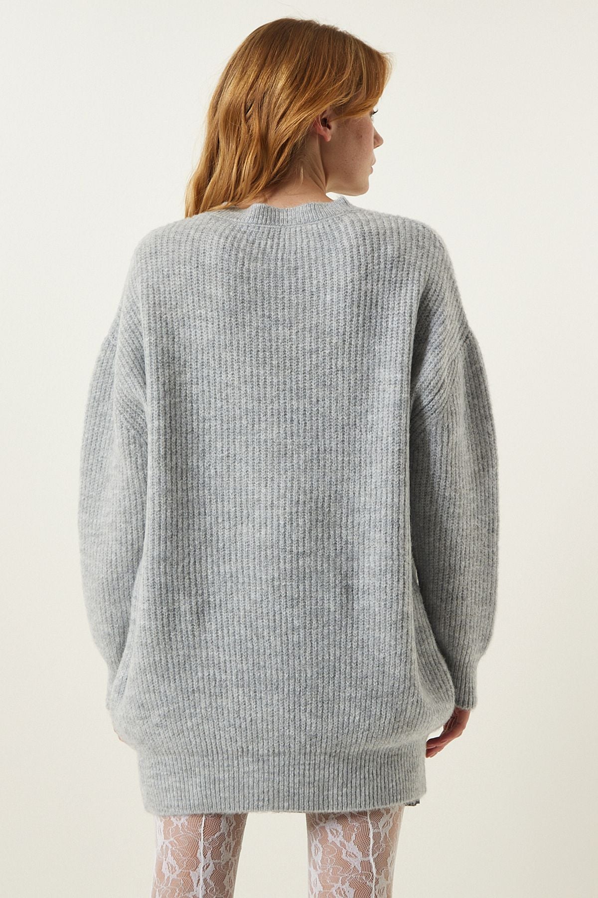 Light Gray Oversize Long Basic Knitwear Kazakh BV00099