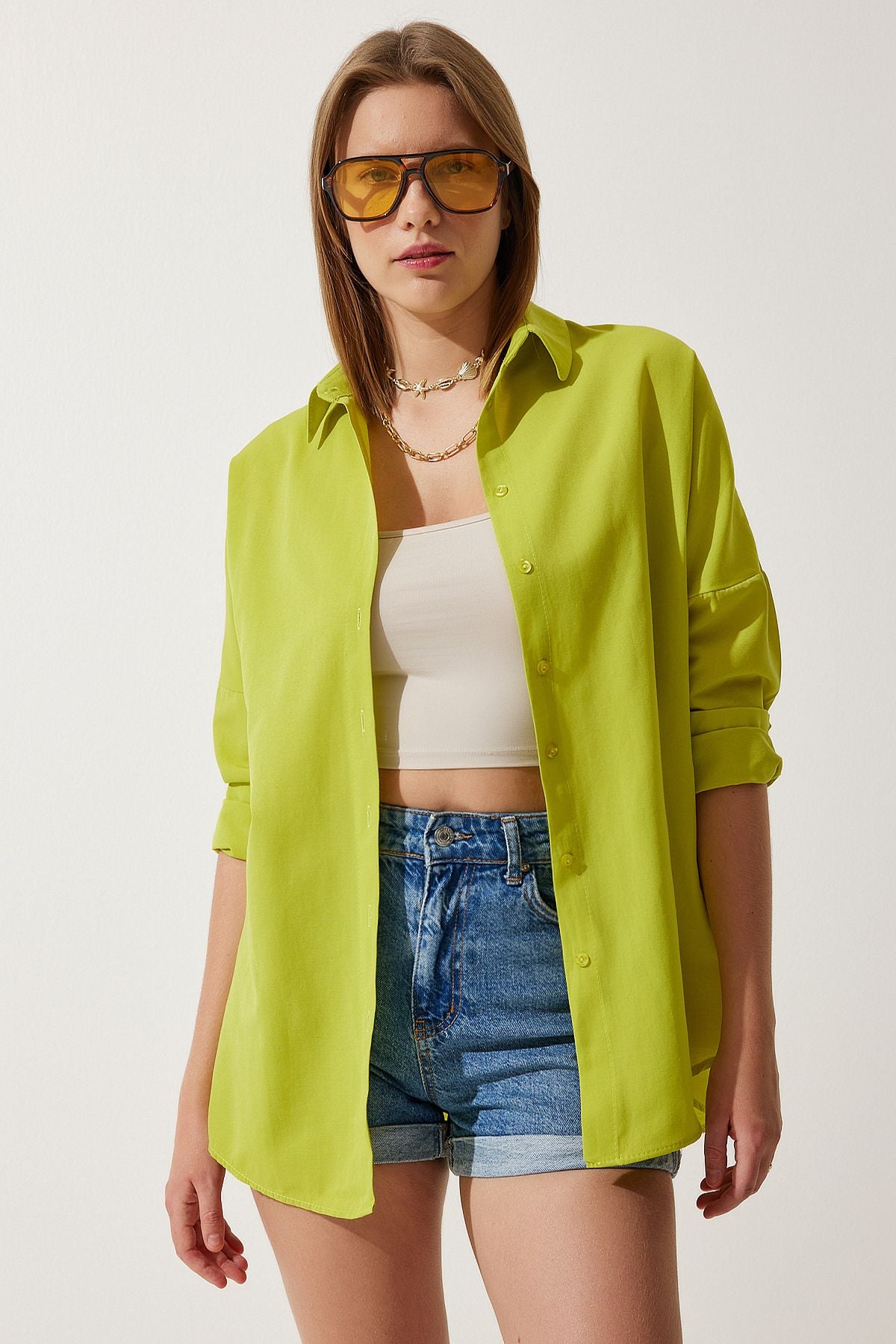 Female Fat Green Oversize Long Basic Shirt DD00842