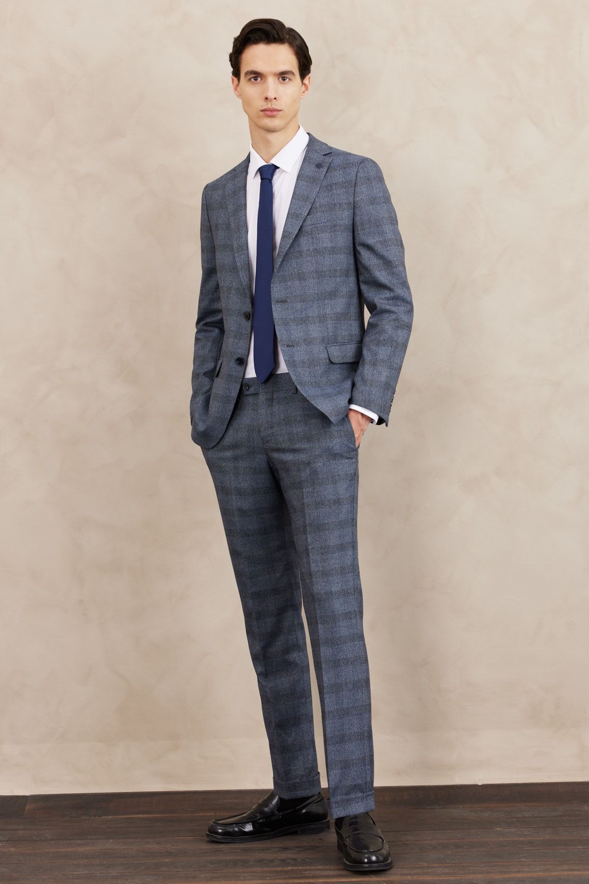 Men's Blue Slim Fit Narrow Cut Mono Yaka Ekose Patterned Double Pants Suit Suit