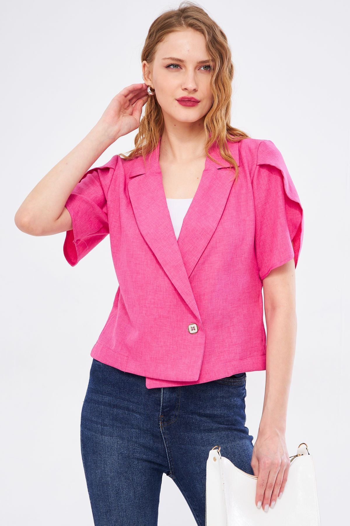 Women's Fuchsia ikosiokto jacket handle slit detailed crop short sleeve ARM-24Y001048