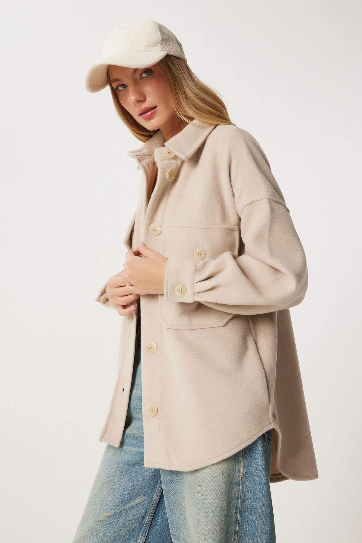 Female beige pocket stamp shirt jacket nv00071