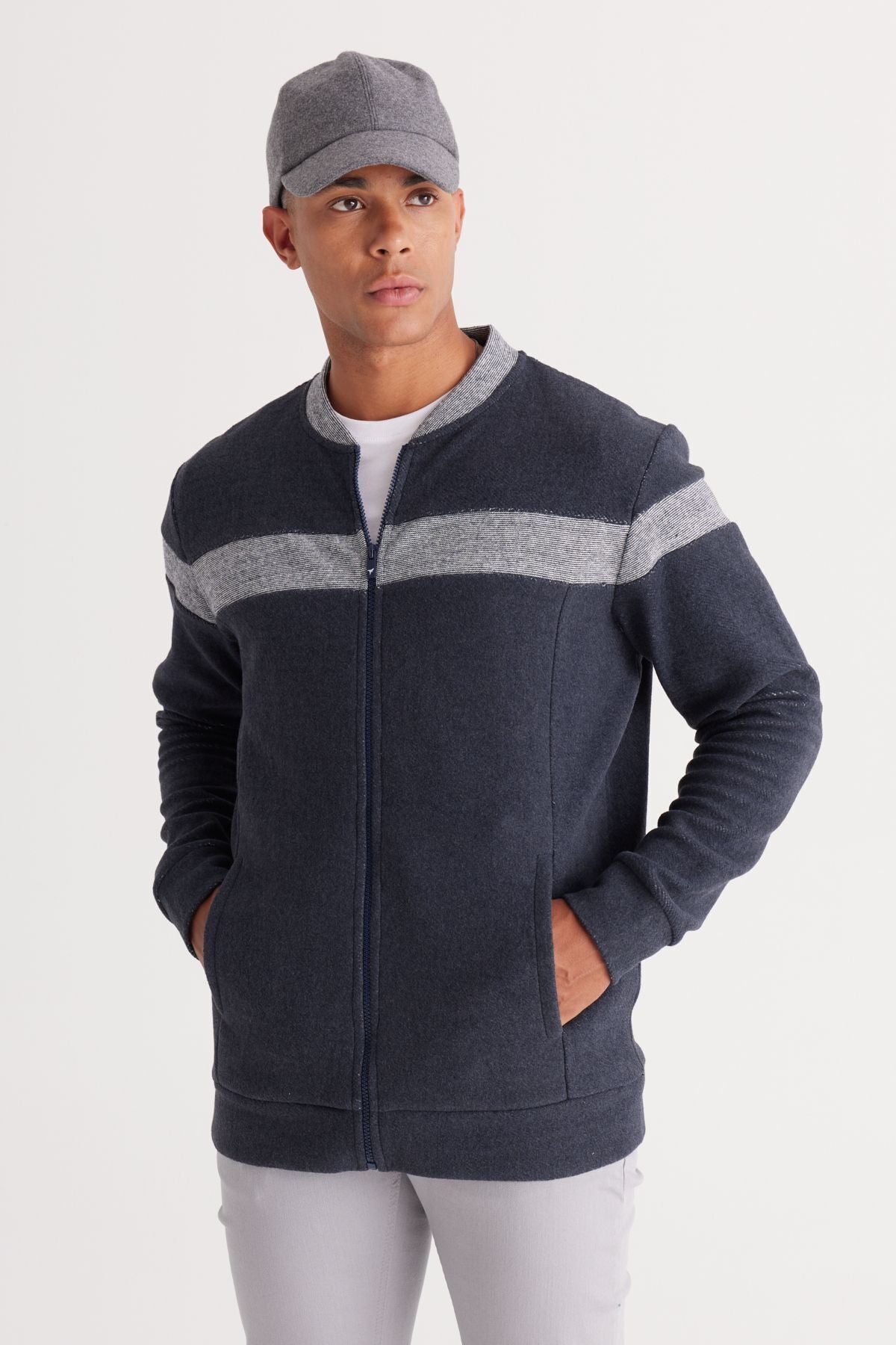Men's Indigo Melanj Oversize Fit Plenty Cut Içi Polar 3 IP College Cotton Cotton Sweatshirt Jacket