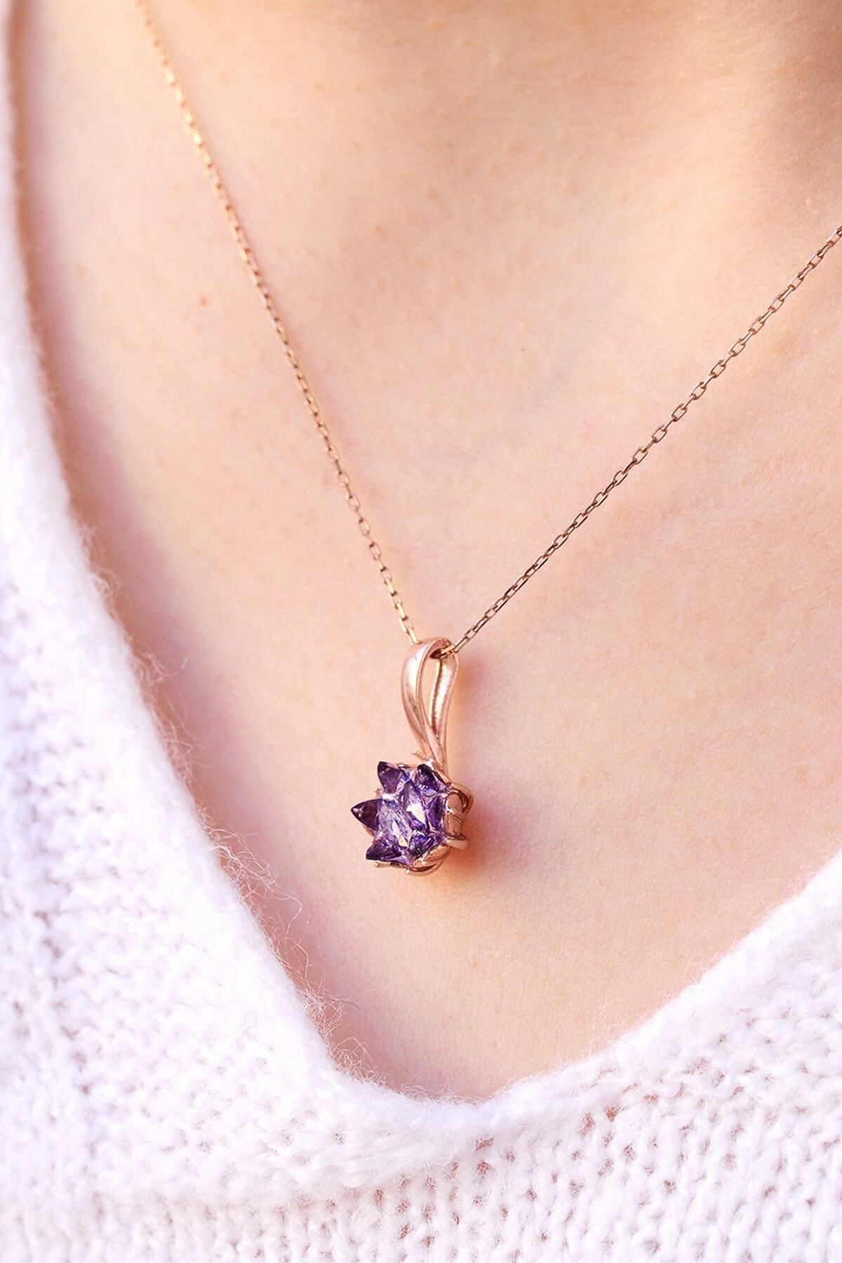 Purple Lotus Flower 14 K Rose Gold Plated Women Necklace