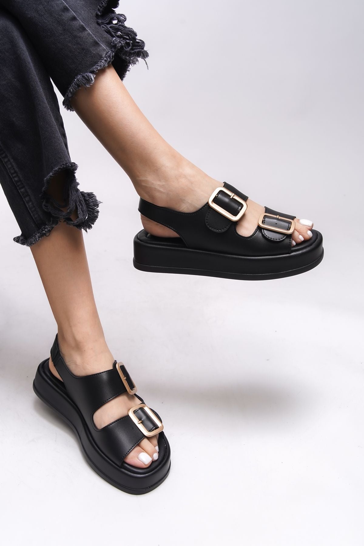 Ghinrada female double buckle sandals 0012793 black skin