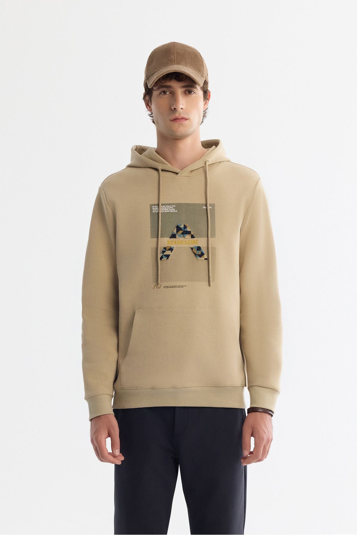 Men's beige hooded cotton printed elastan sweatshirt a42y1321