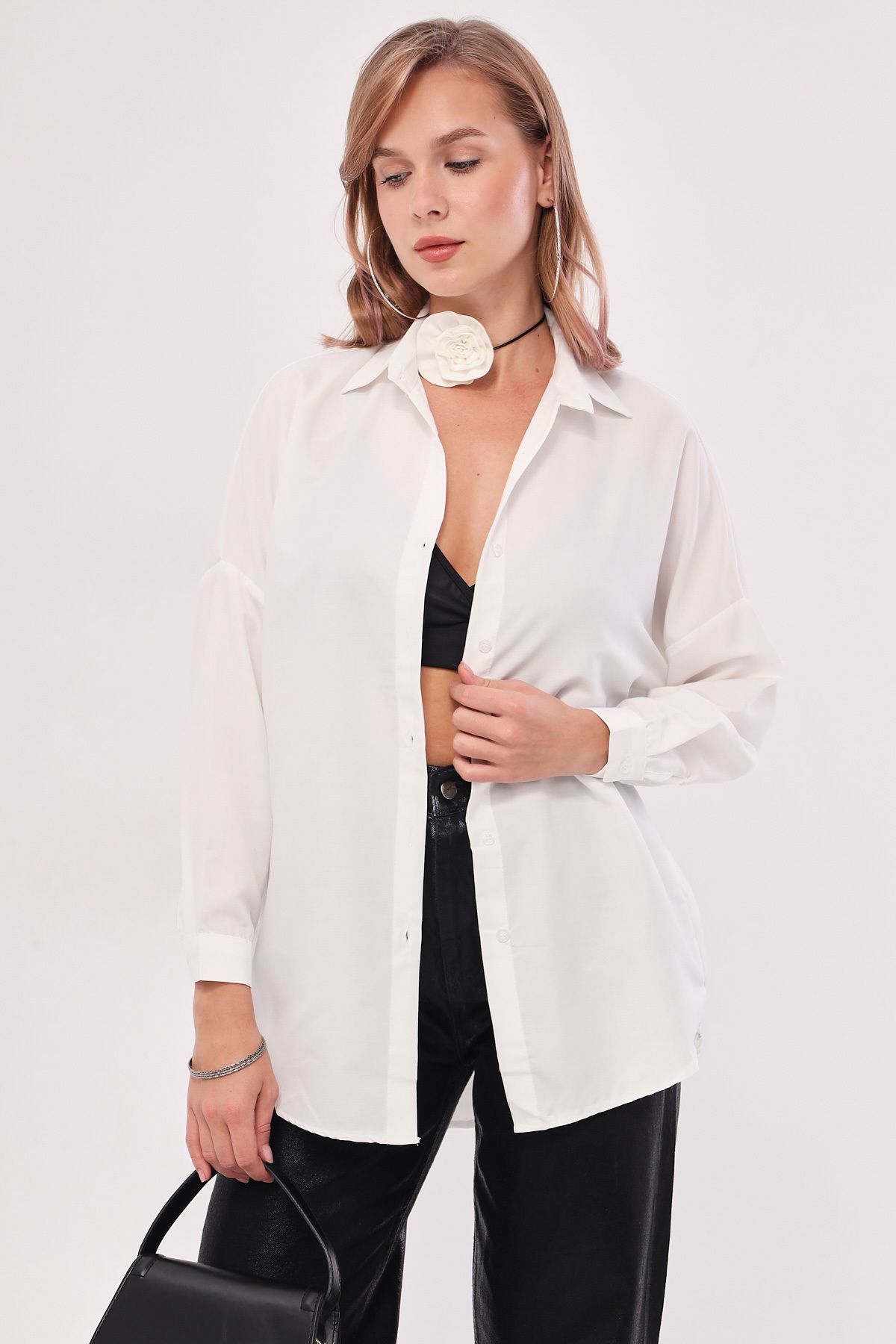 Woman Ekru Oversize Long Basic Shirt ARM-221118