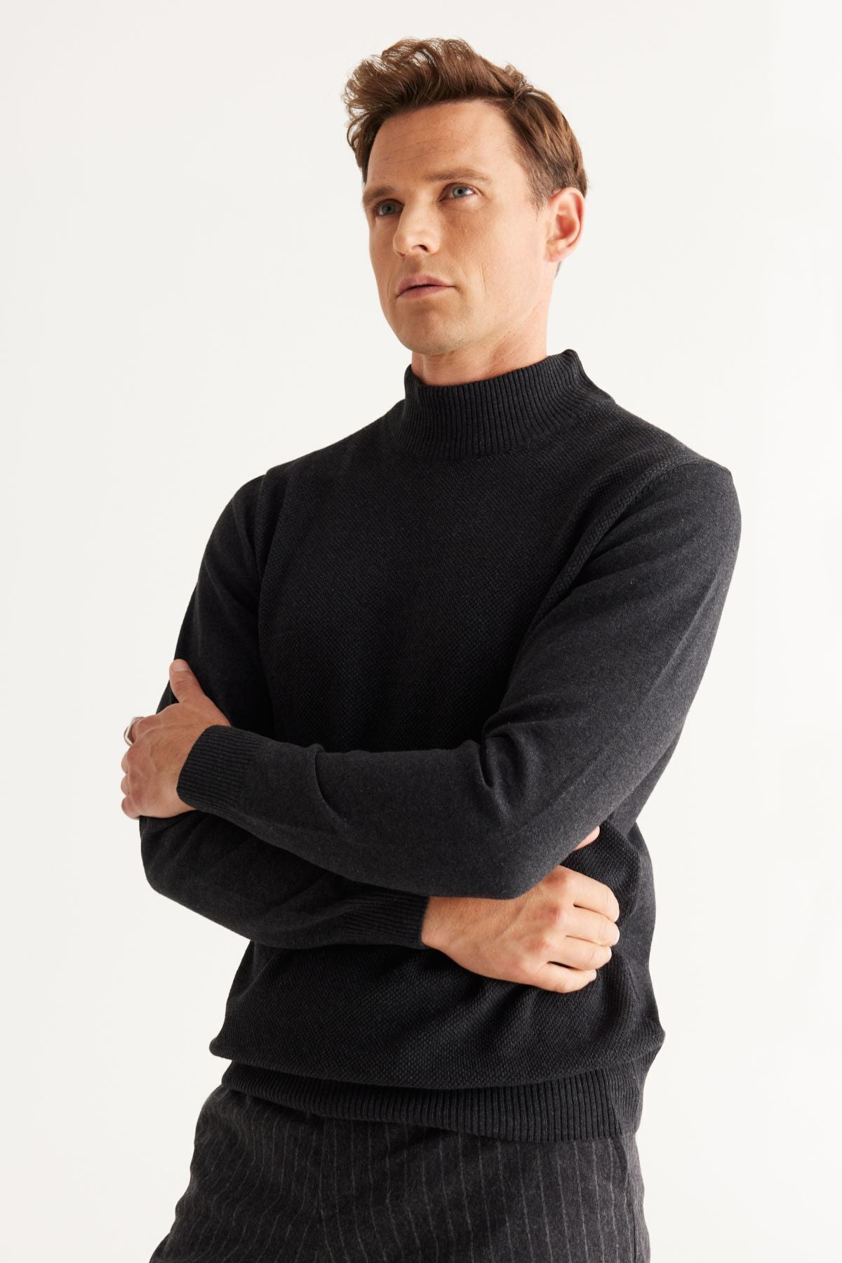 Men's anthracite standard fit normal cut half fisherman collar cotton knitwear sweater