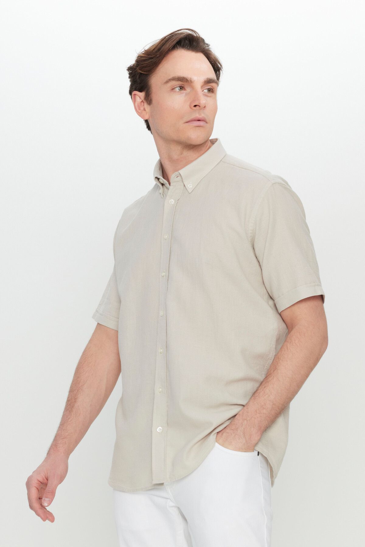 Men's Beige 100 %Cotton Comfort Fit Casual Cutting Button Shirt with Shirt collar Amesty Shirt
