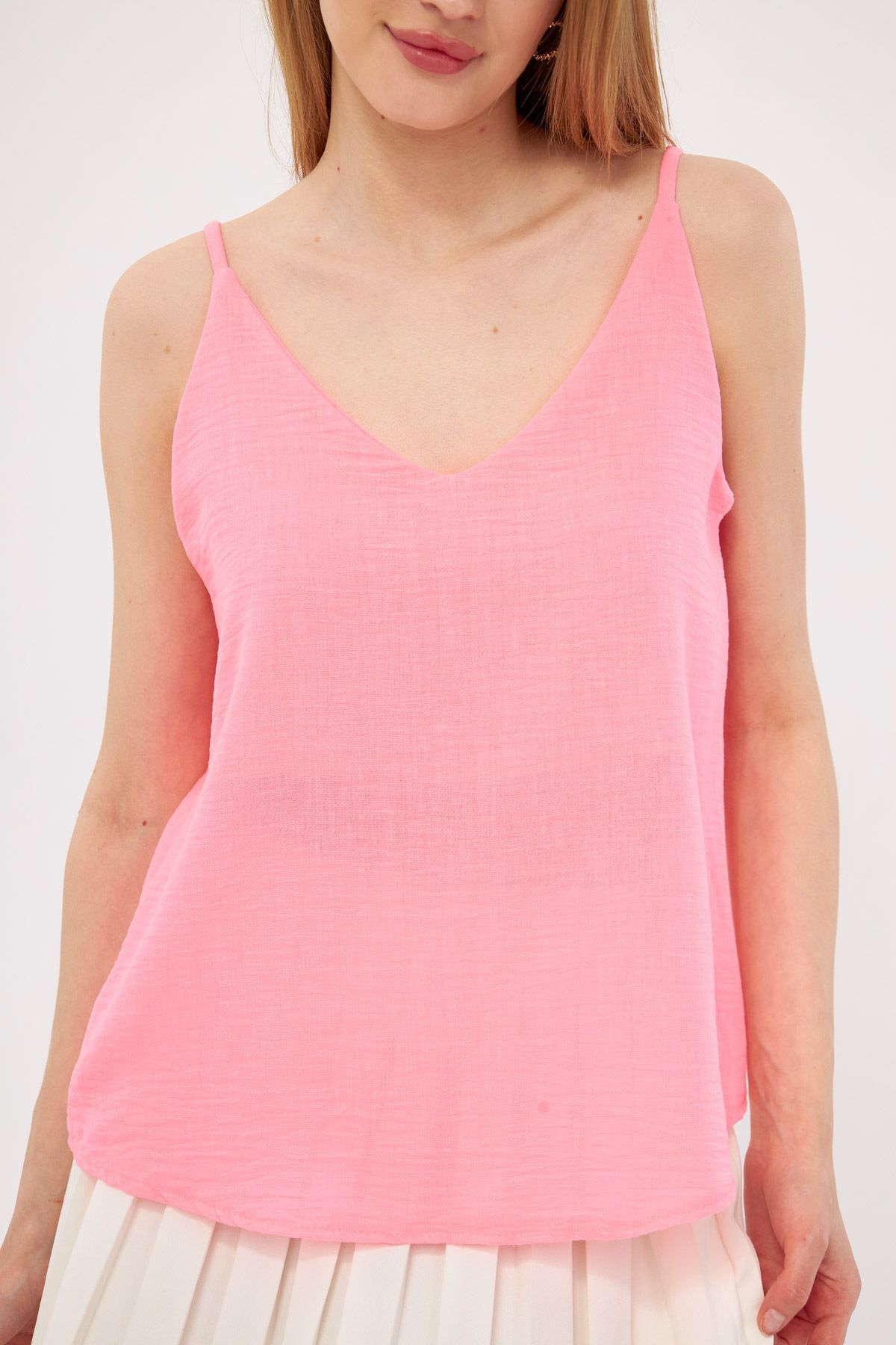 Female Neon Pink Linen Looking Hanger Blouse ARM-24Y001064