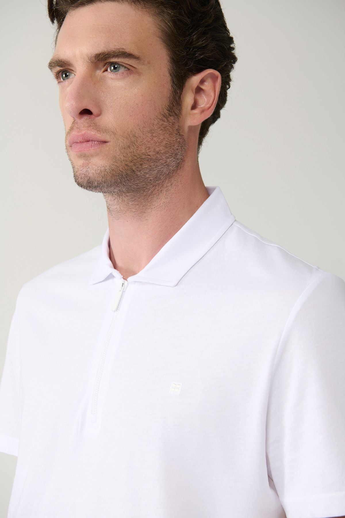 Men's White 100 %Cotton Zipper Polo Yaka T-shirt E001034
