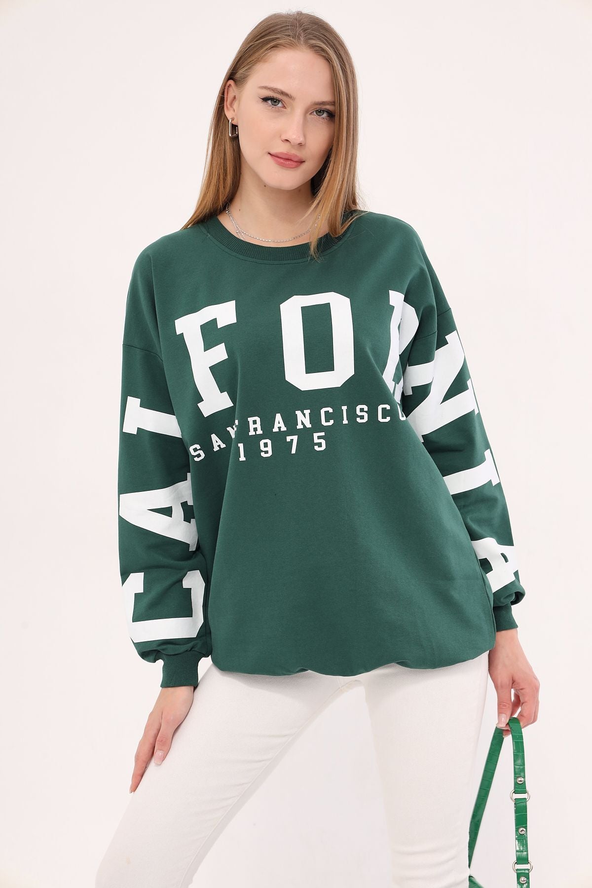 Woman Dark Green Bicycle Collar Calıfornia Printed Oversize Sweatshirt Arm-25k001023