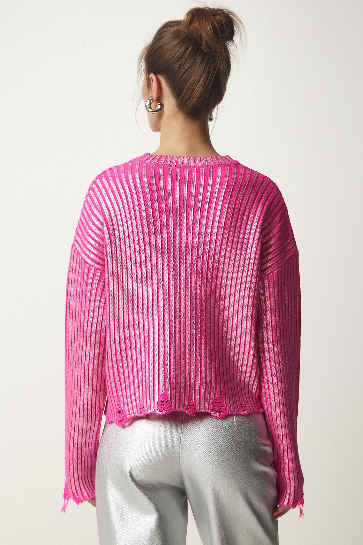 Woman Pink Torn Detailed Bright Knitwear Sweater PF00021