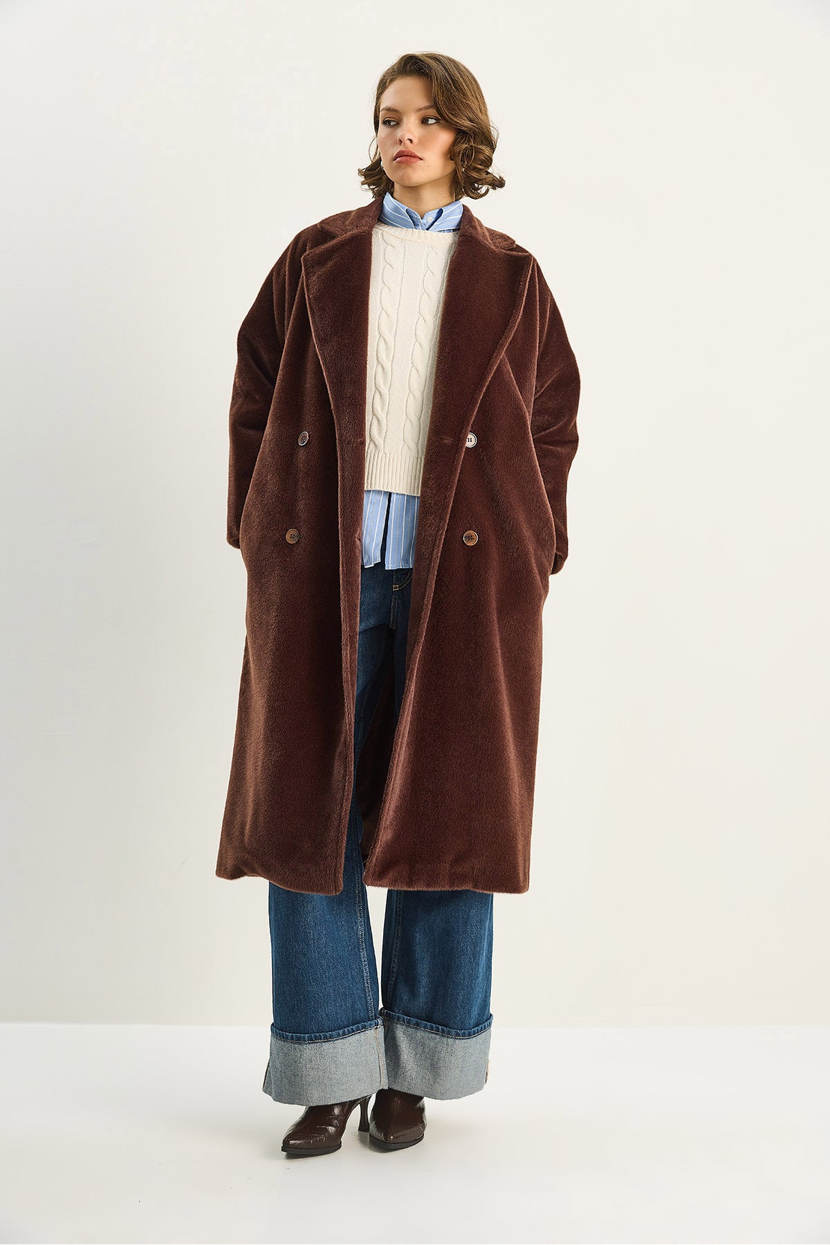 Women's Bearded Soft Textured Double Breasted Collar Lined Pocket Detailed Belted Coat 7021 60283753