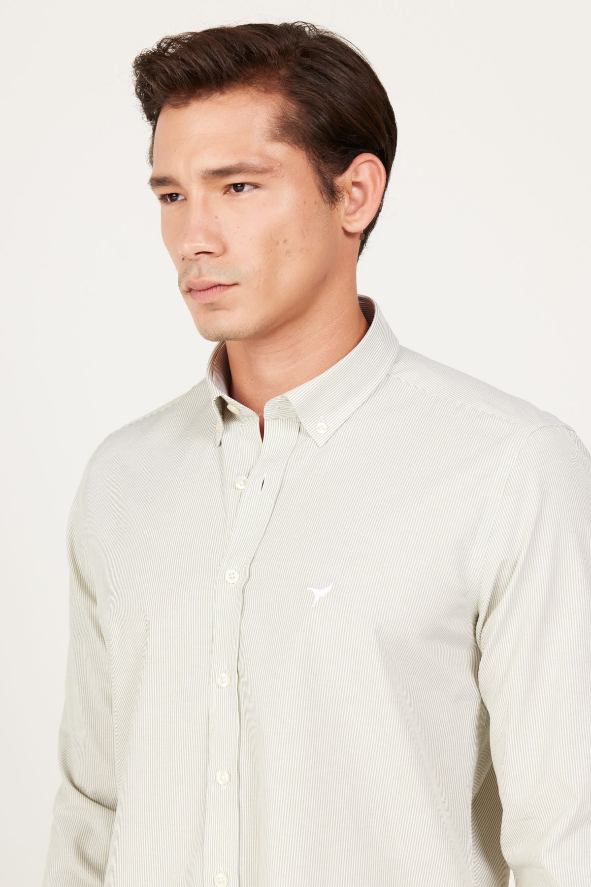 Men's green-white slim fit narrow cut buttoned collar cotton striped shirt