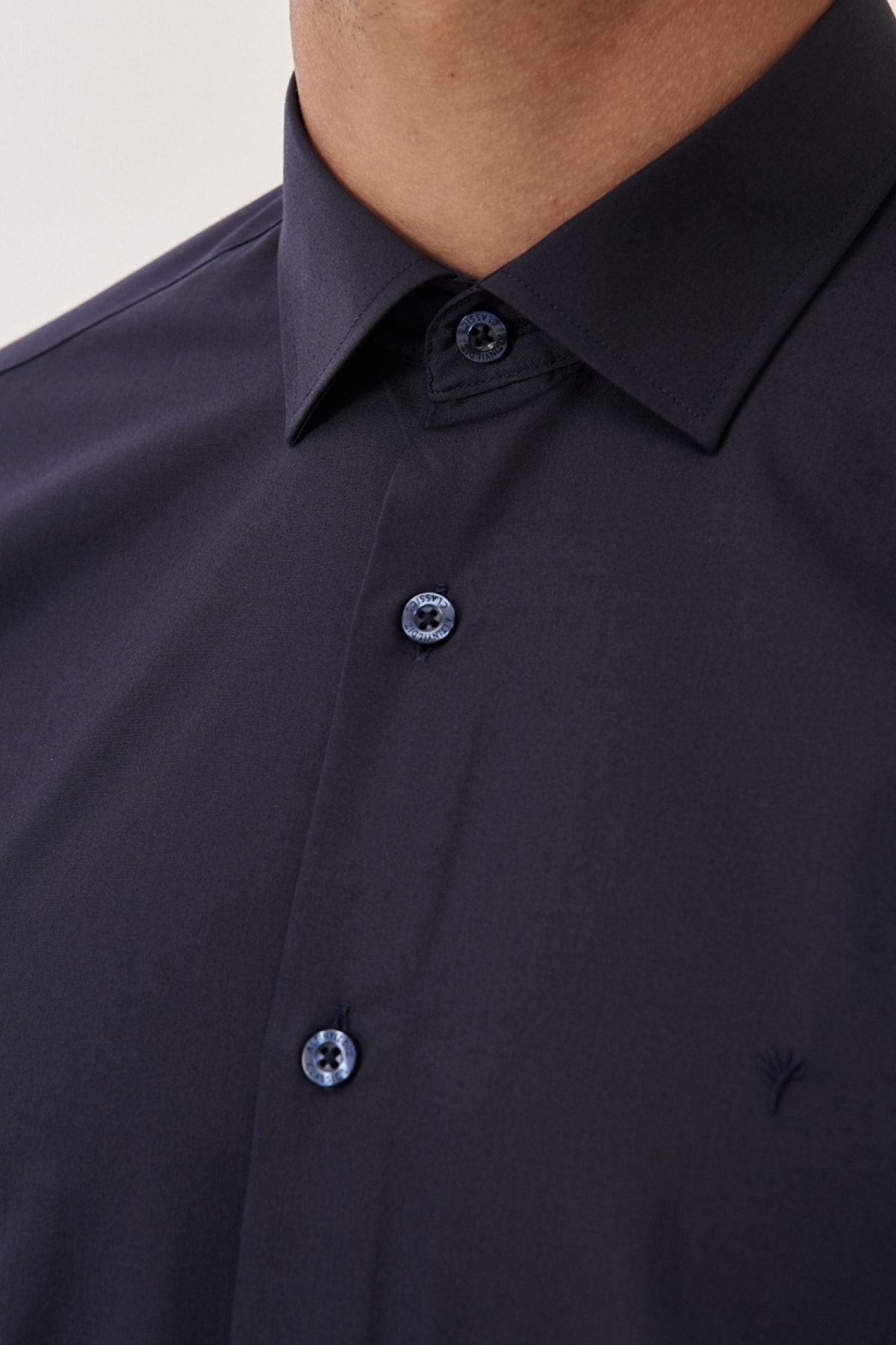 Men's Dark Navy Blind Ironing Easy Non-Iron Slim Fit Narrow Cut Classic Neck Cotton Cotton Shirt