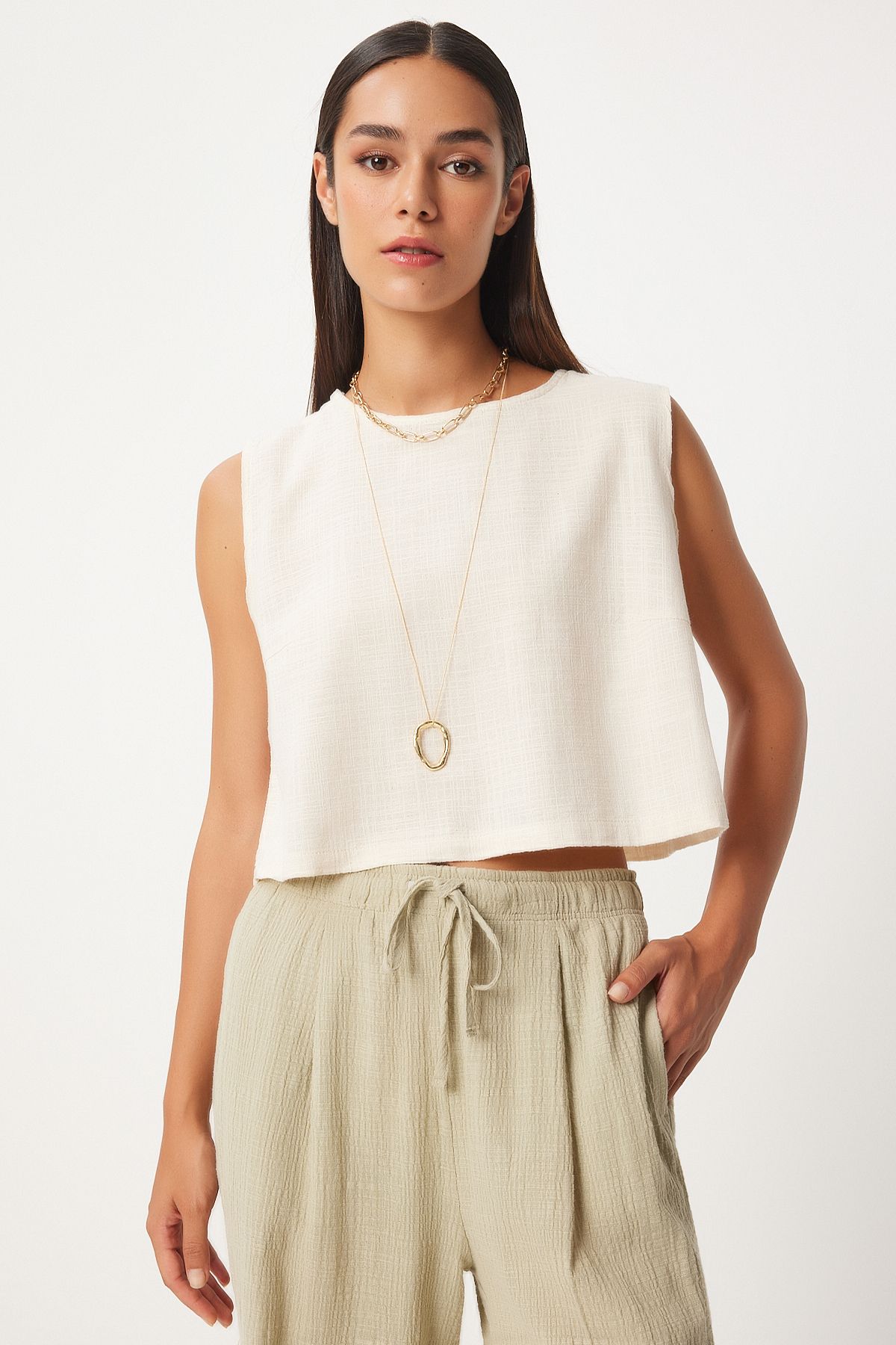 Women's Cream Sleeveless Linen Blouse GP00008