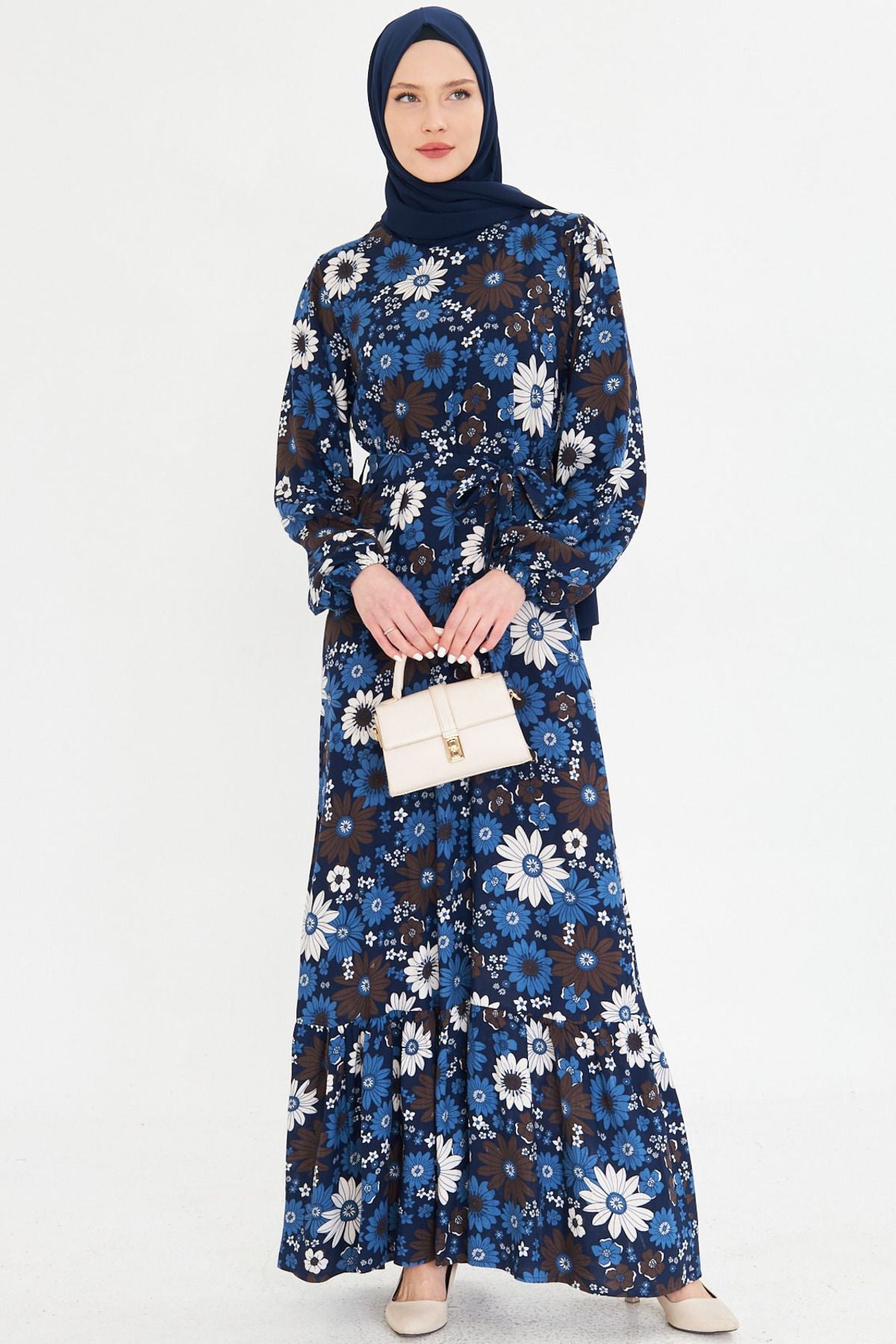 Woman Blue Zero Near Back Zipper Skirt Long Hijab Dress with Ruffle Born Arm-25k001101