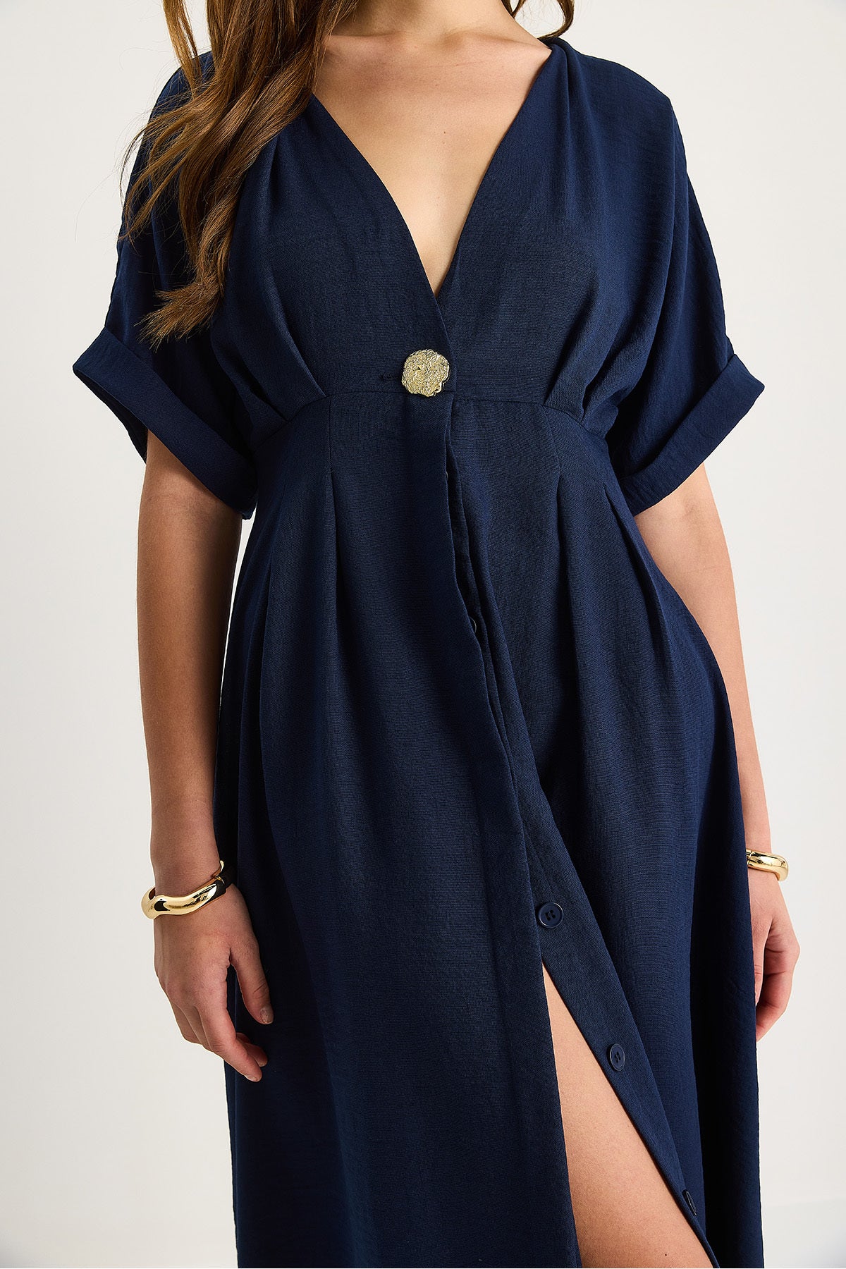 Women's V-Neck Gold Button Detailed Linen Dress 5266 60281107