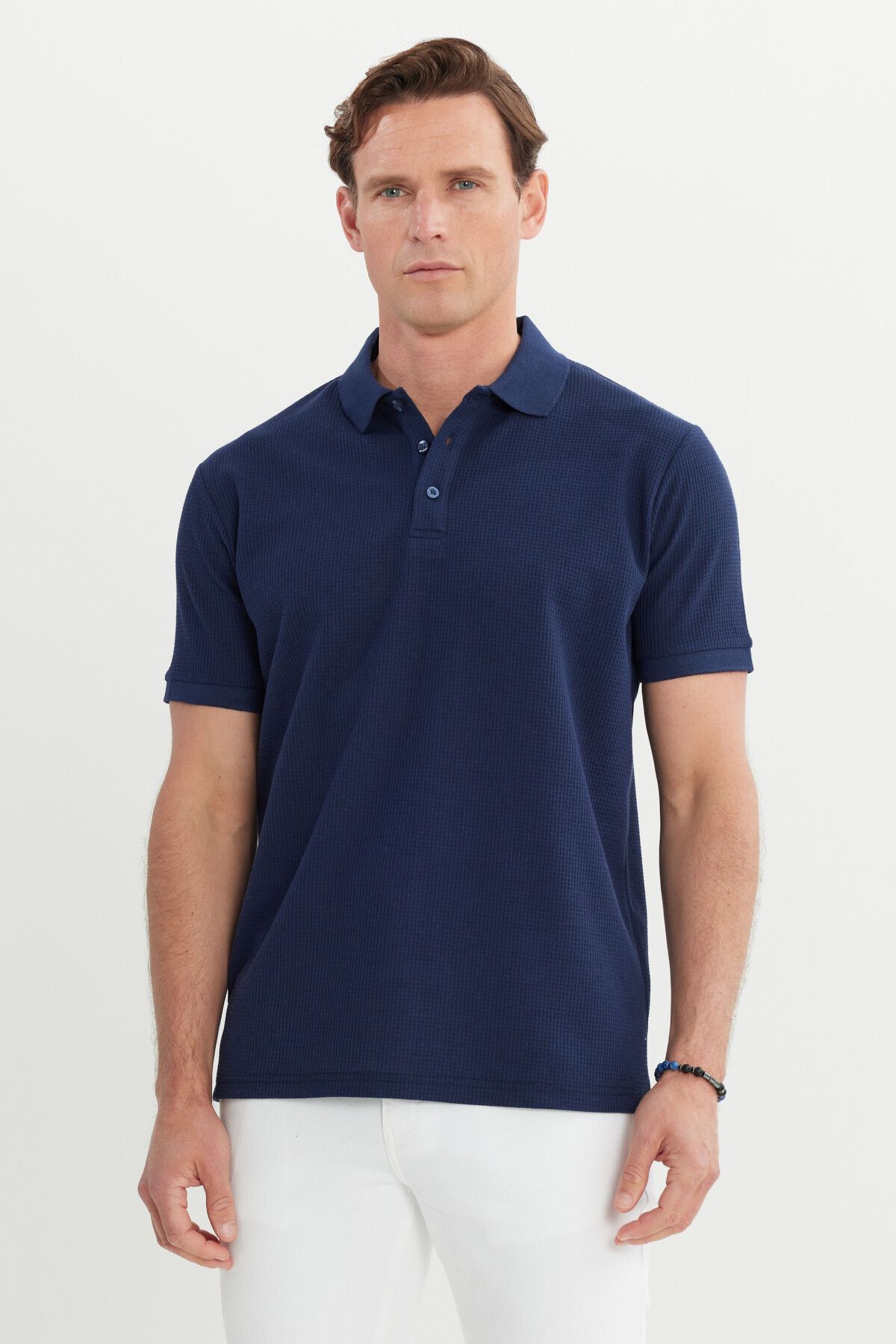 Men's Navy Blue Cotton Standard Fit Normal Cut Patterned Polo Yaka T -shirt