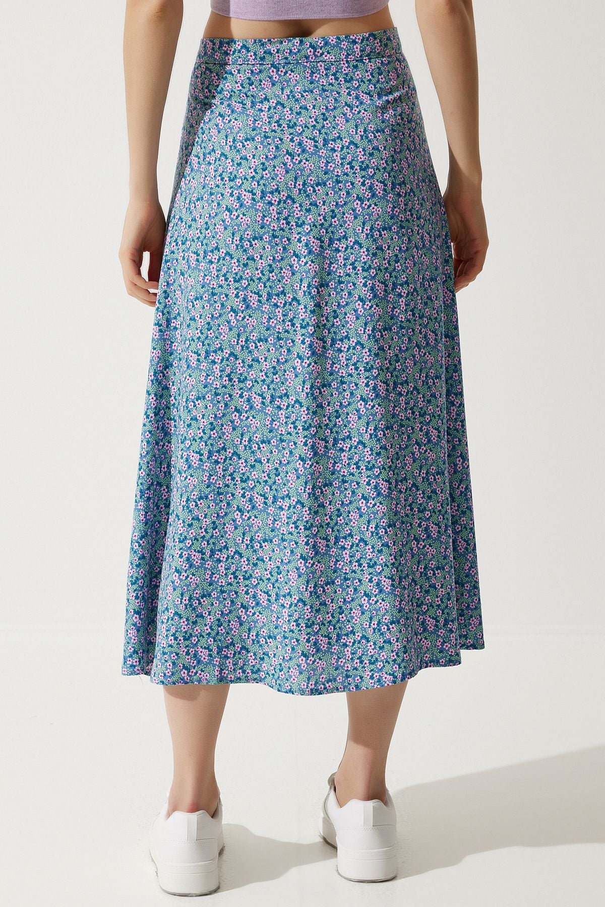 Woman Pink Blue Flower Swittish Summer Viscose Skirt MX00165