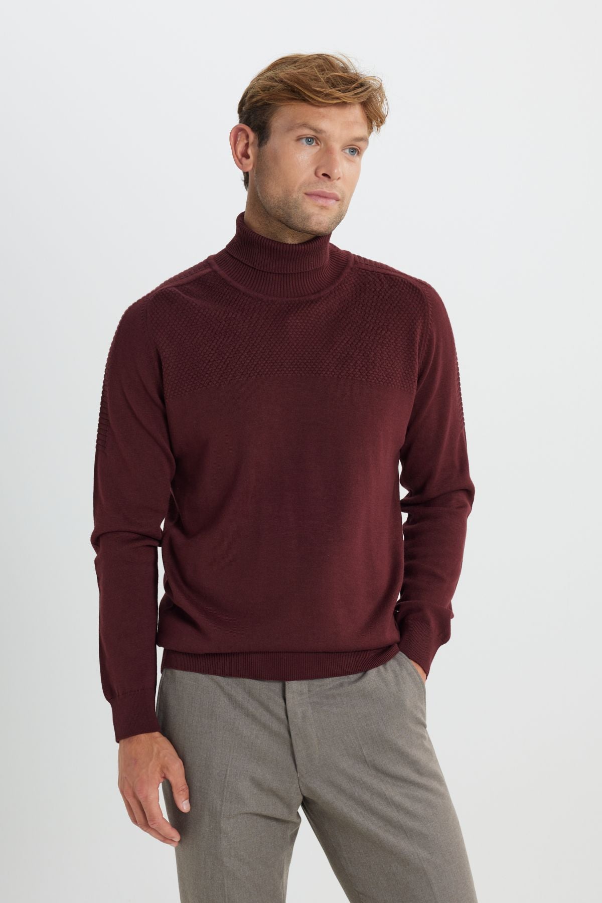 Men's Bordeaux Cotton Standard Fit Normal Cut Full Fisherman Yaka Jacquar