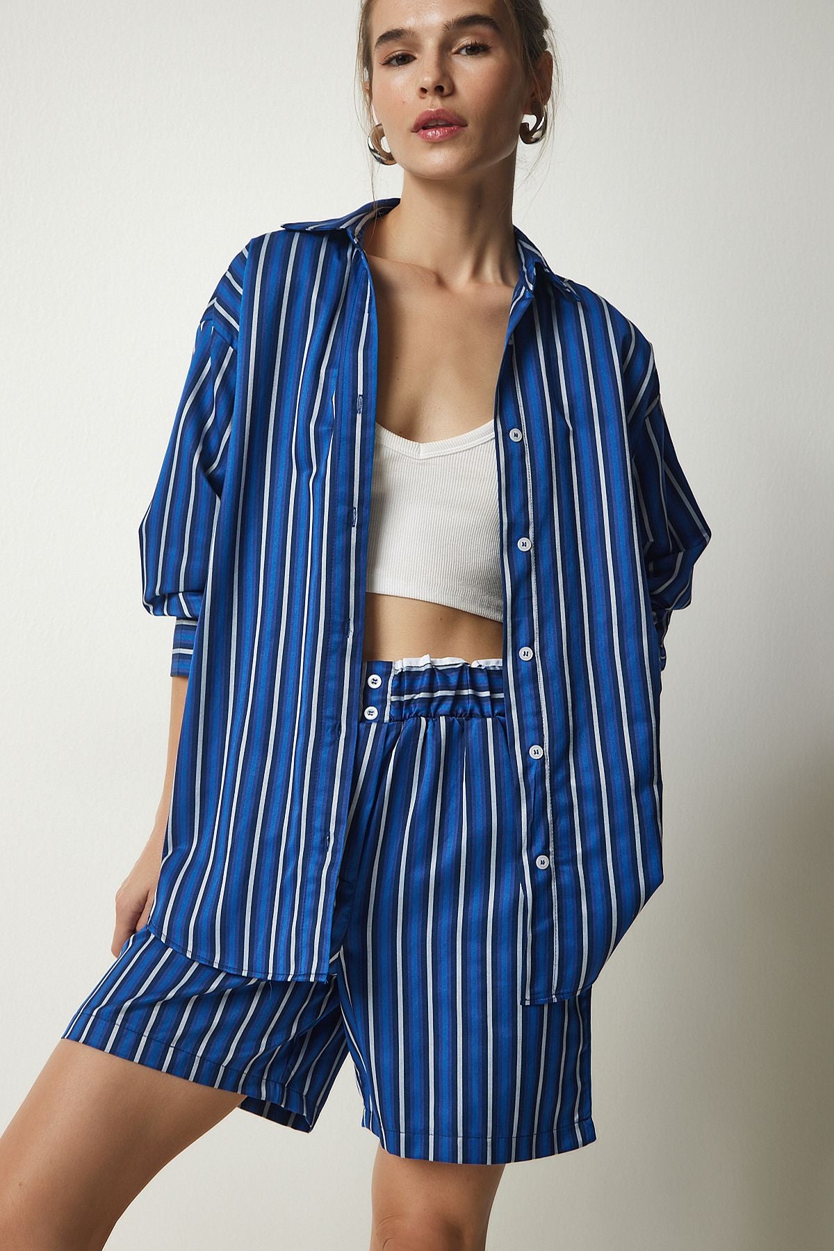 Women's Blue Striped Satin Surface Shirt Short Set US00914