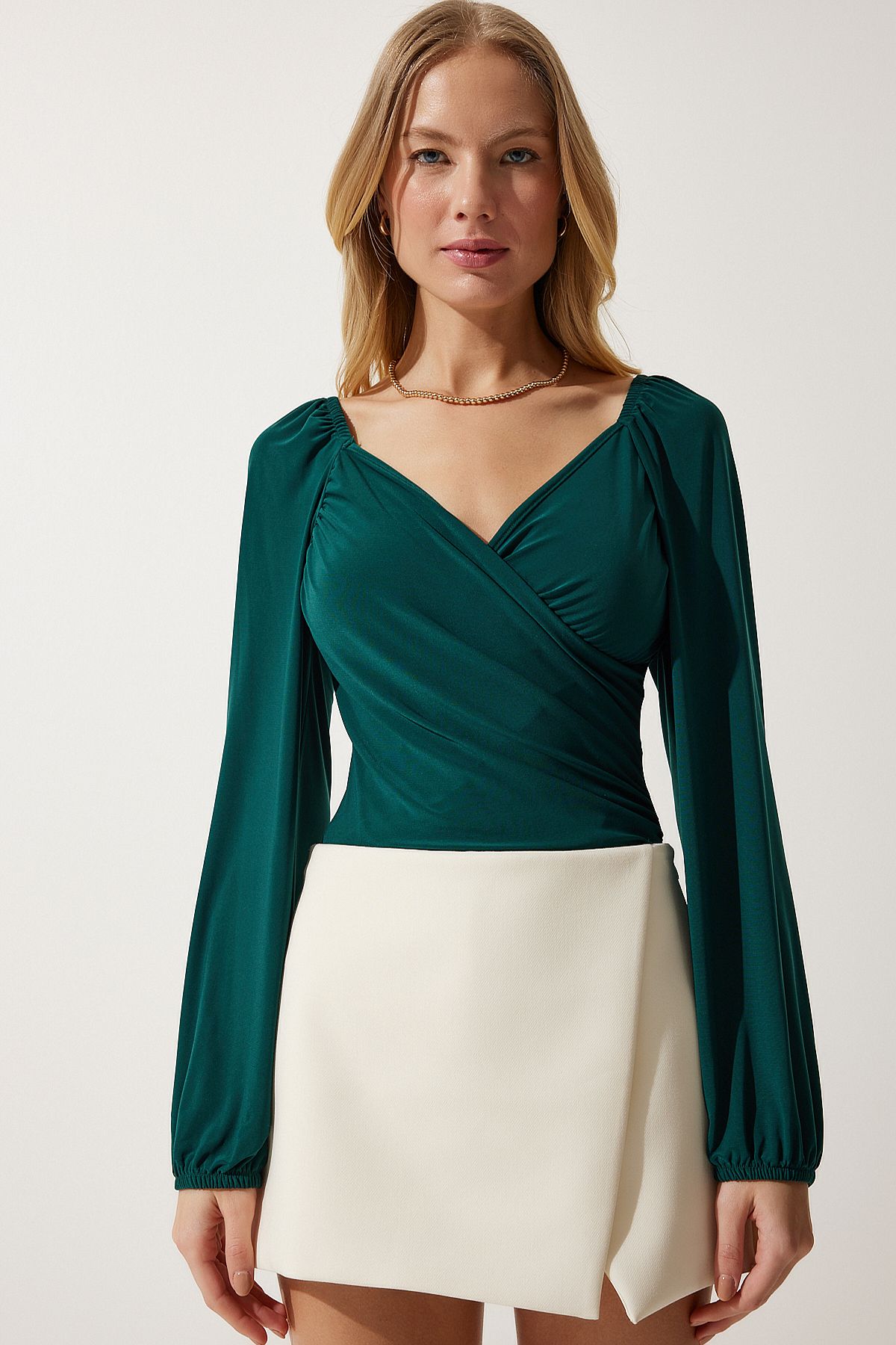 Female emerald green elastic balloon sleeve sandy knit blouse ff00154