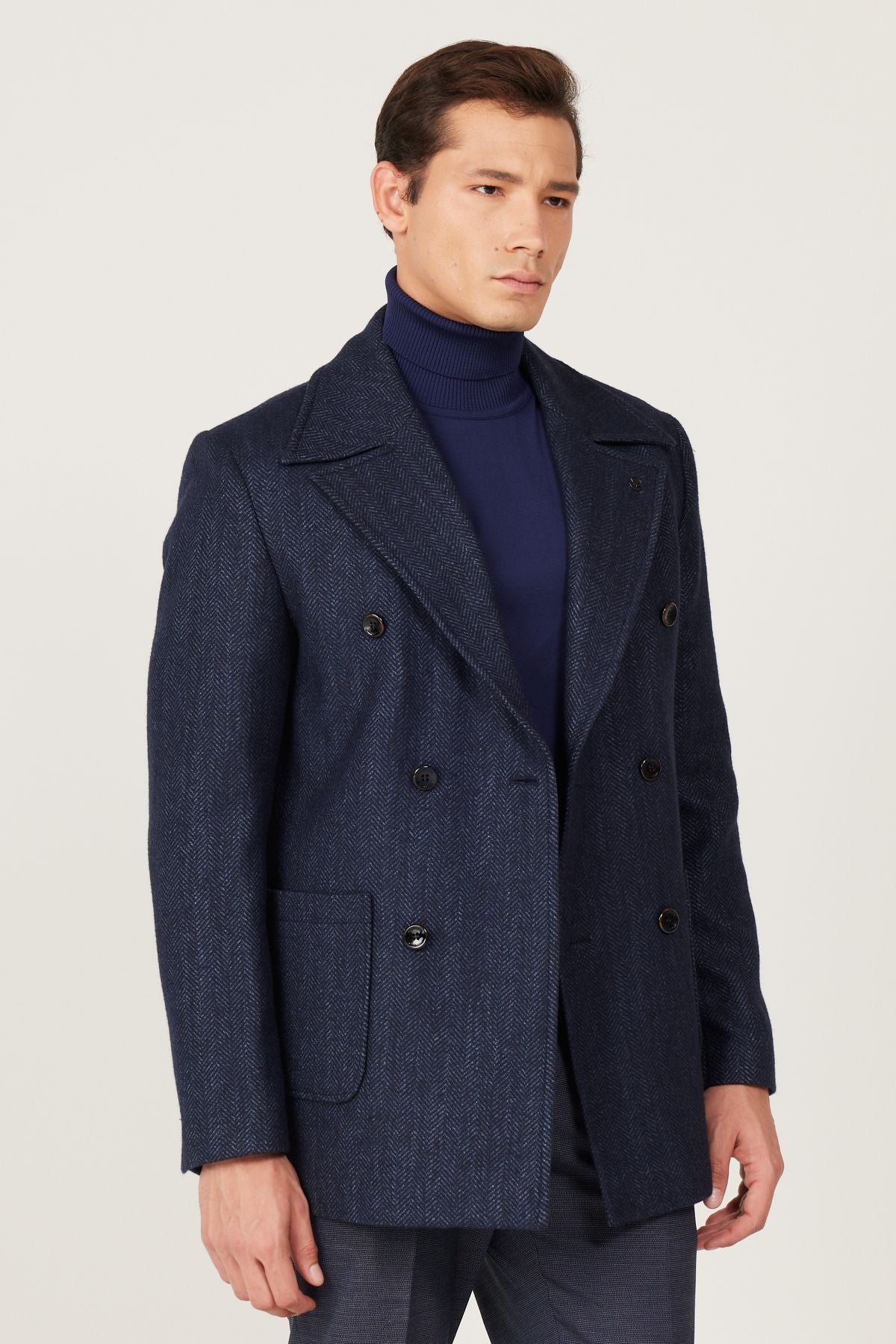 Men's navy blue standard fit normal cutting mono collar patterned coat