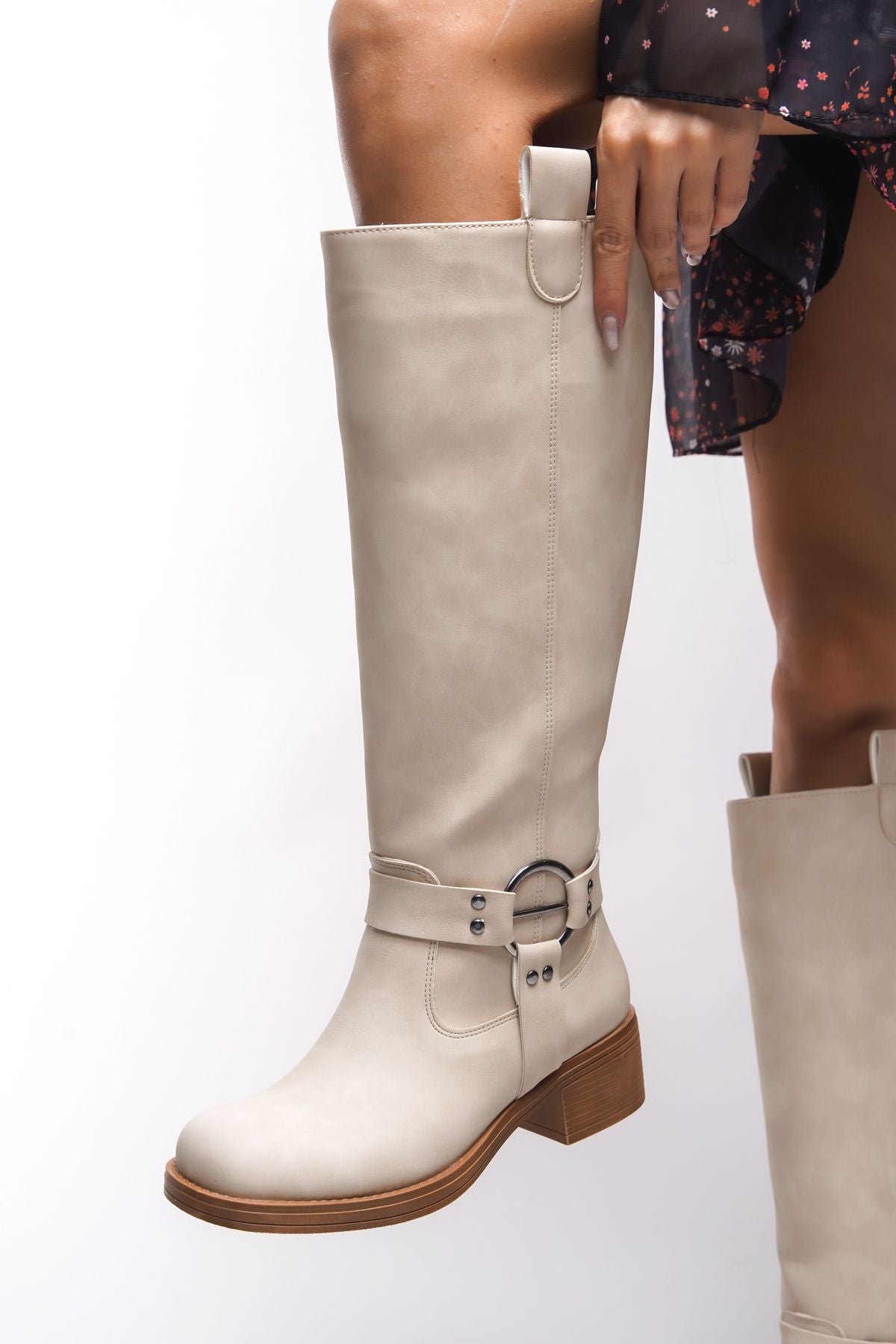 Thefrila women knee biker boots 00123024 matte beige