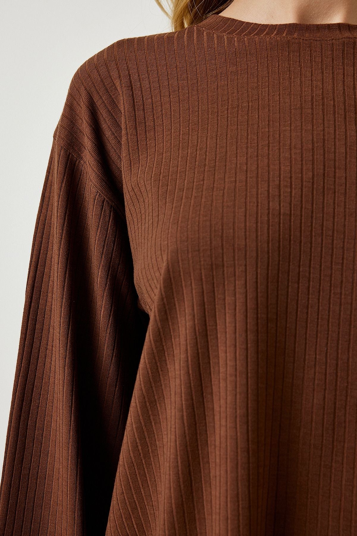 Female brown wick knitted blouse trousers set KH00088