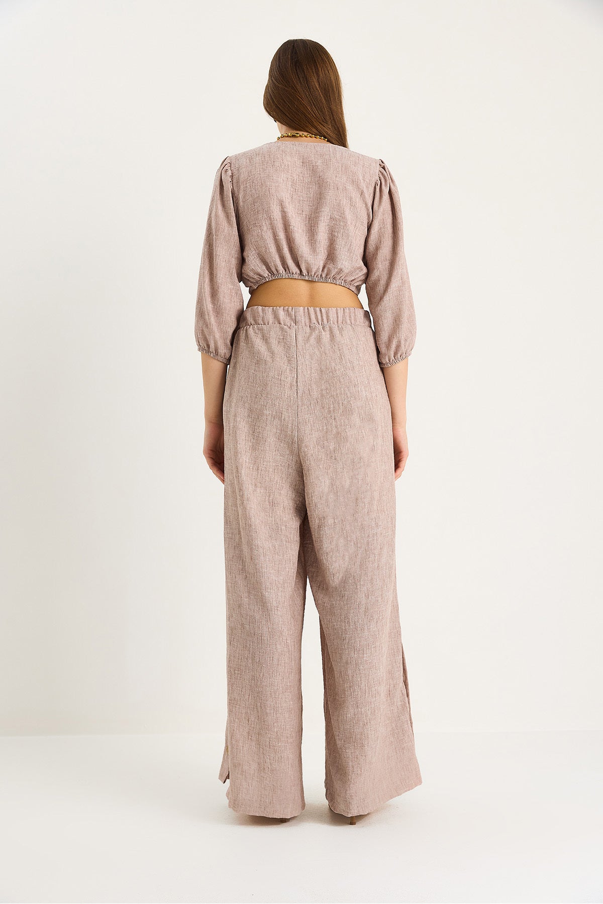 Women's Tie Detailed Blouse Lined Bottom-Top Suit with Button-Cuffed Trousers 9266 60281046