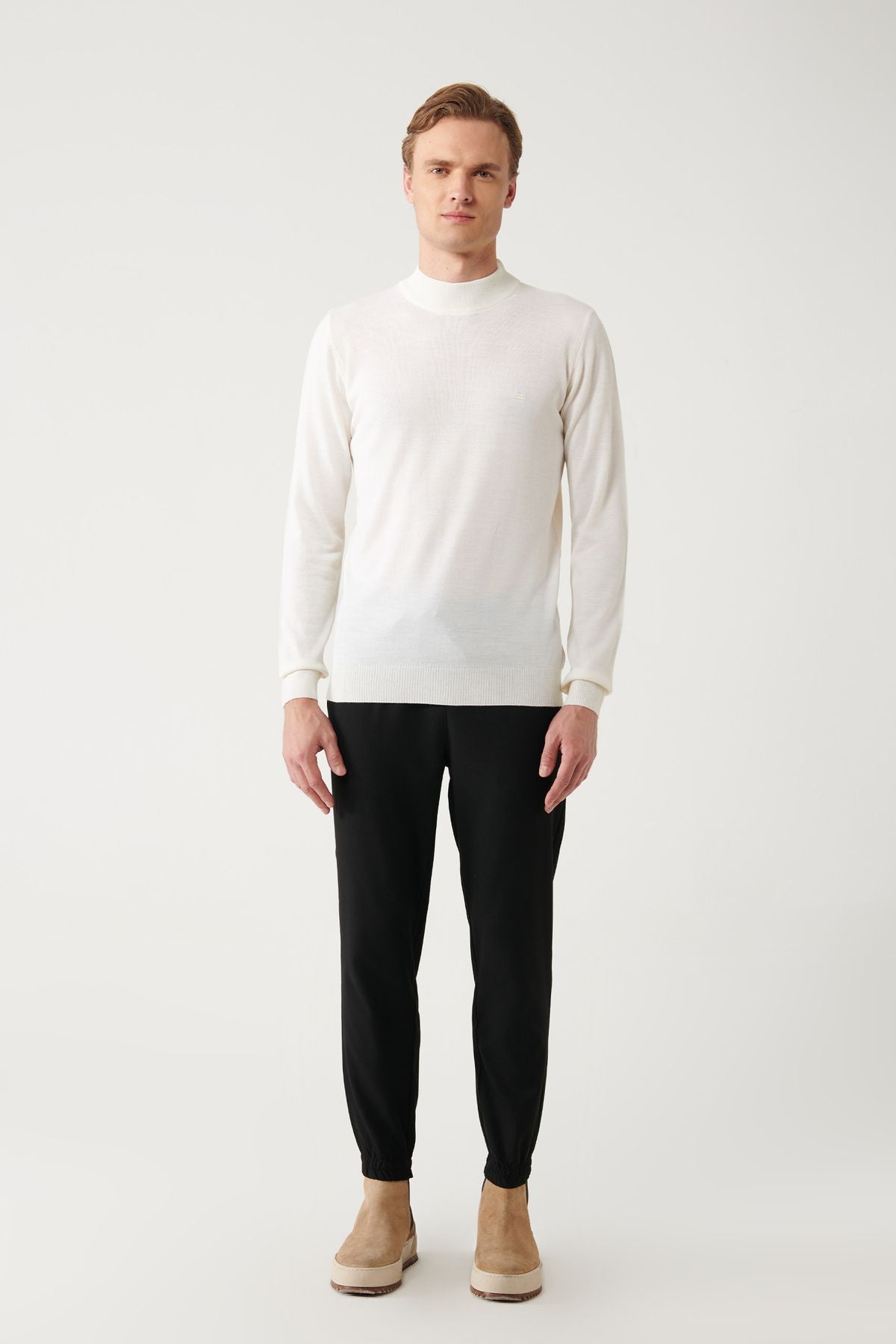 Men's Ecru Half Fisherman Neck Wool Mixed Knitwear Sweater B005015