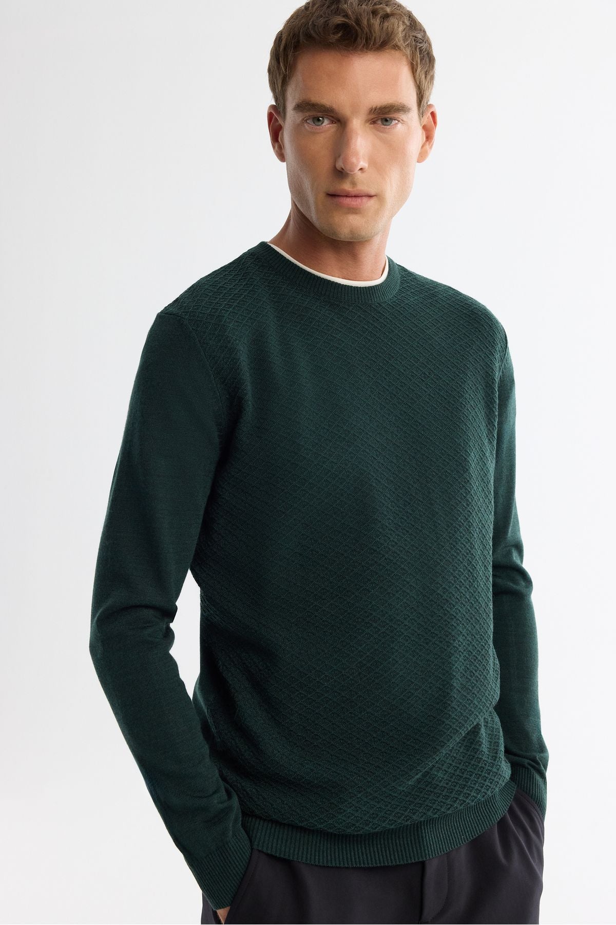 Men's Green Bicycle Neck textured knitwear sweater E005109