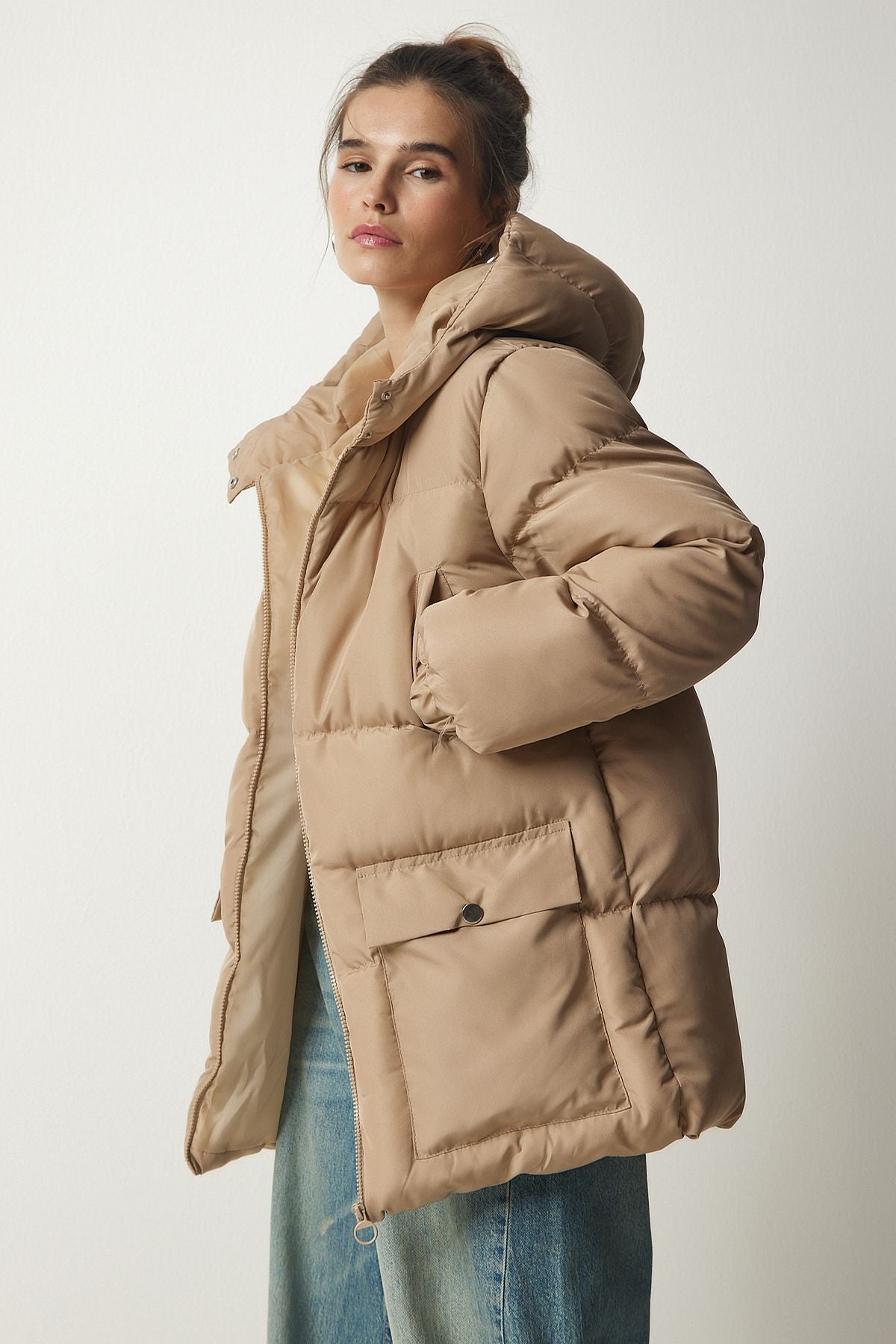Female Beige Hooded Inflatable Coat HK00023
