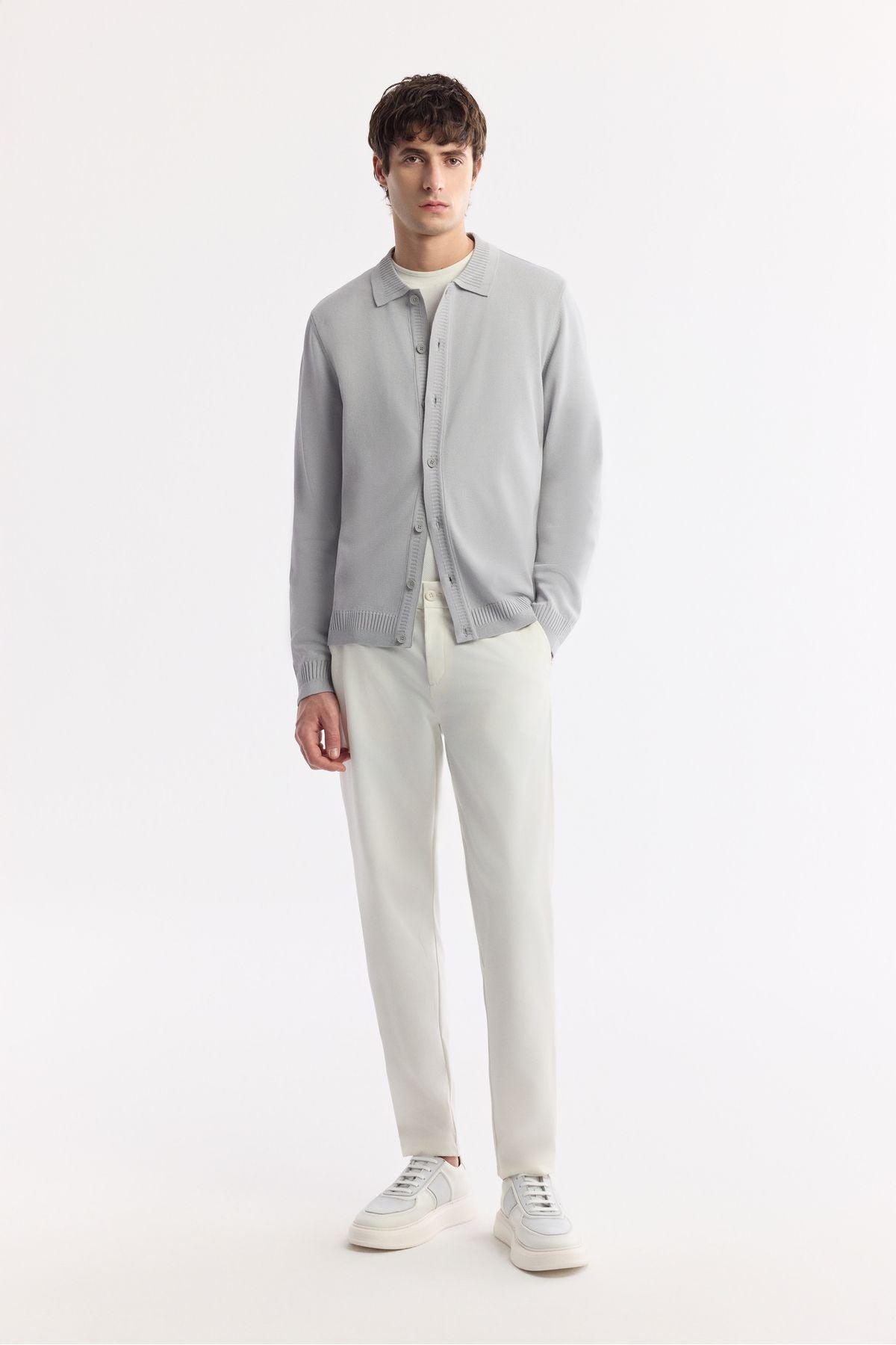 Men's gray polo collar front buttoned rayon knitwear cardigan A51y5008