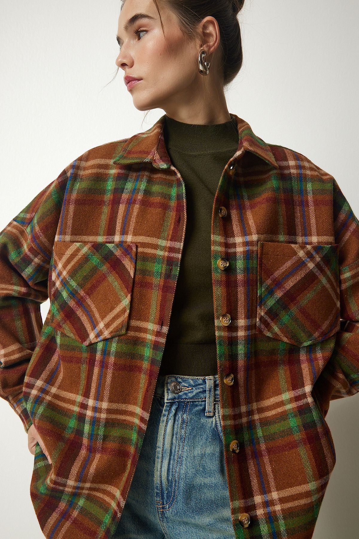 Female Biscuit Green Patterned Oversize Stamp Wdasting Shirt TU00034